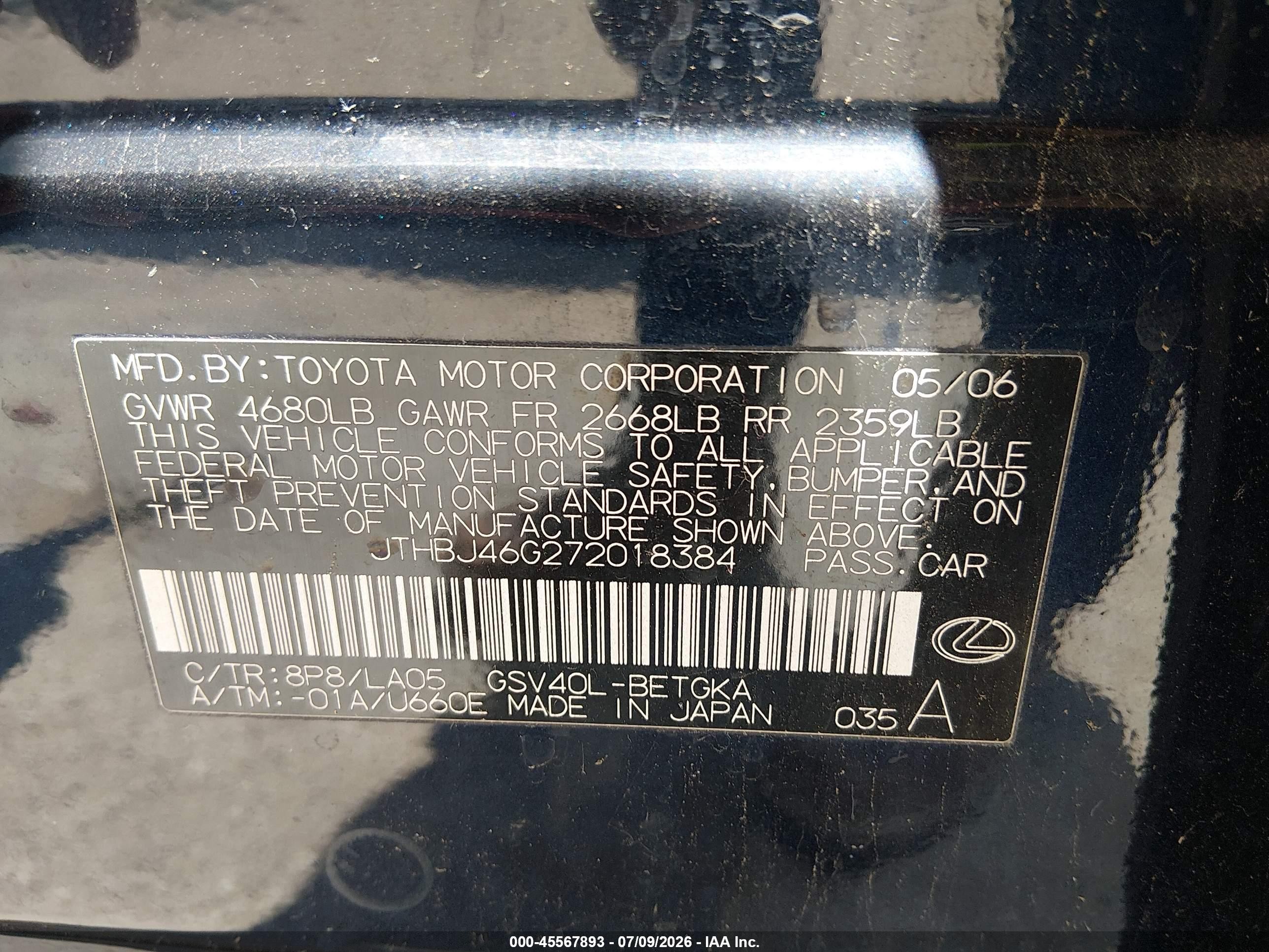 2007 Lexus Es 350   Blue vin: JTHBJ46G272018384