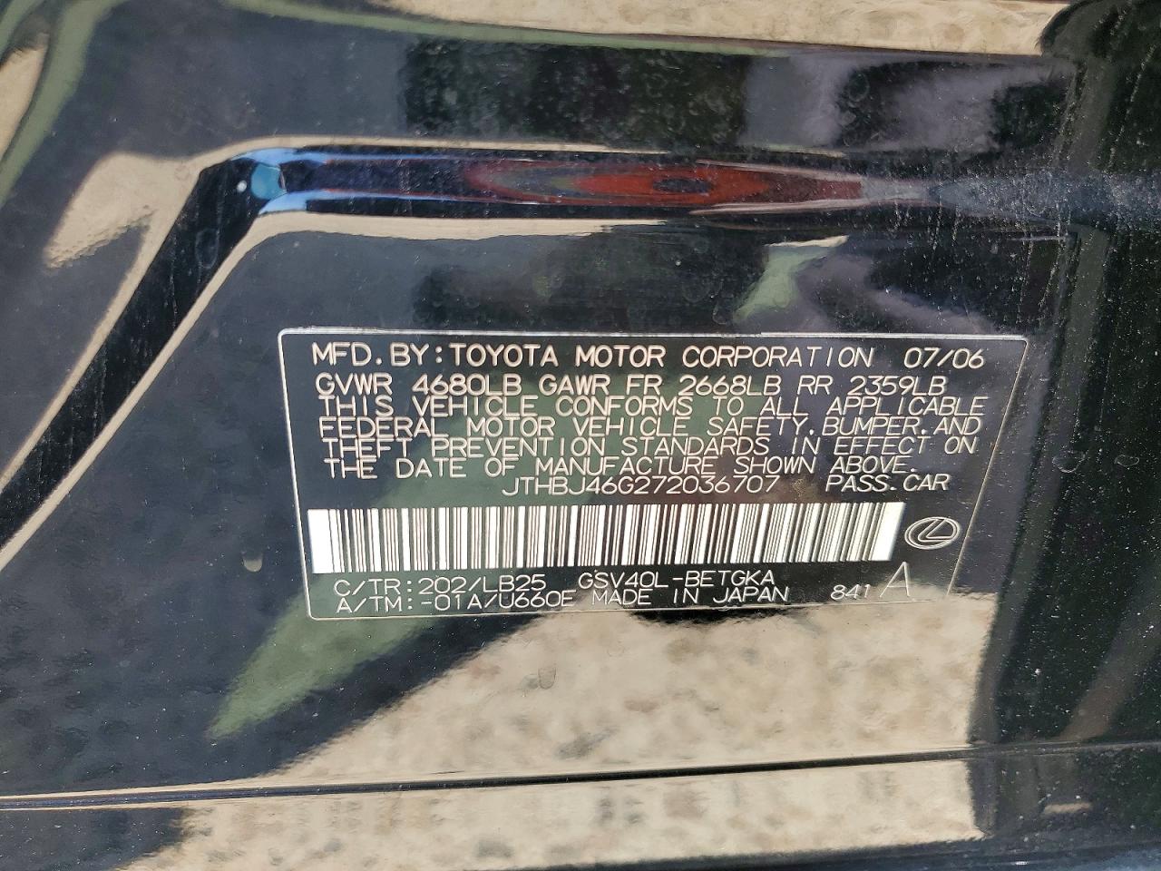 2007 Lexus Es 350 Black vin: JTHBJ46G272036707