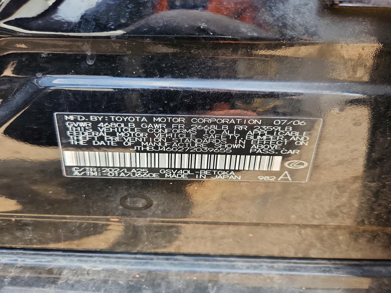 2007 Lexus Es 350 Черный vin: JTHBJ46G272039655