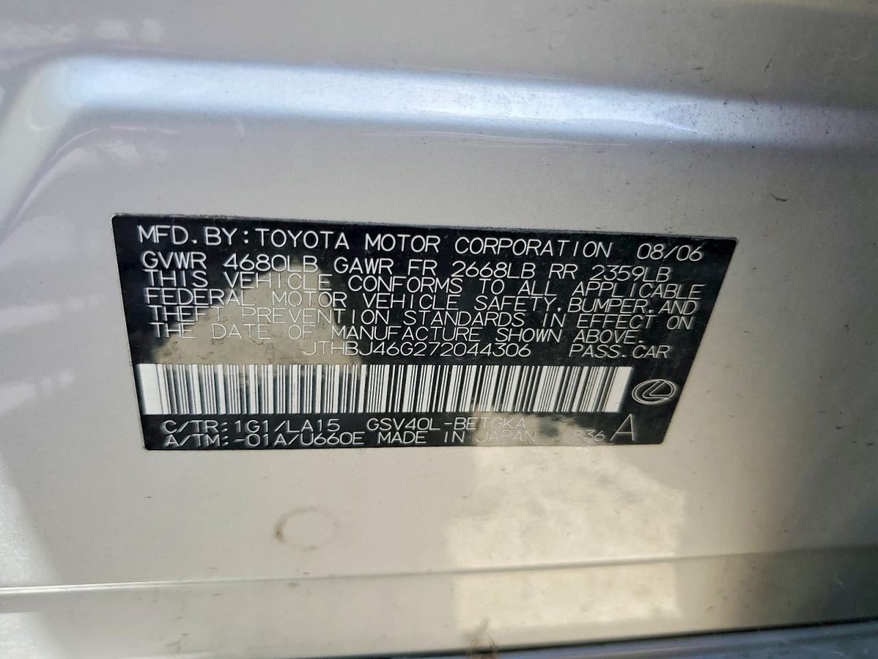 2007 Lexus Es 350 Base Silver vin: JTHBJ46G272044306