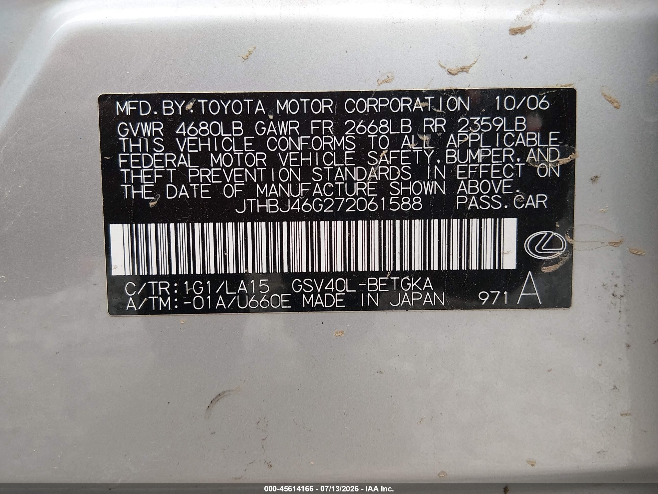 2007 Lexus Es 350   Серебряный vin: JTHBJ46G272061588