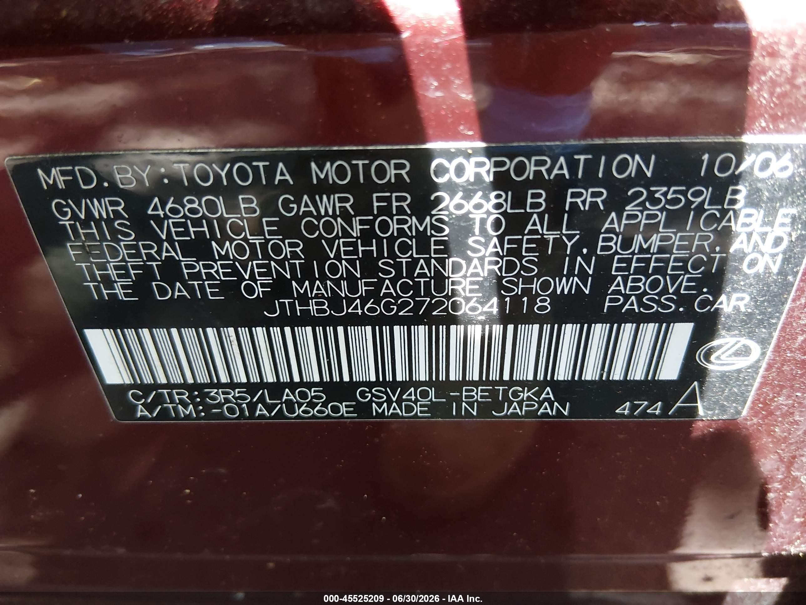 2007 Lexus Es 350   Burgundy vin: JTHBJ46G272064118