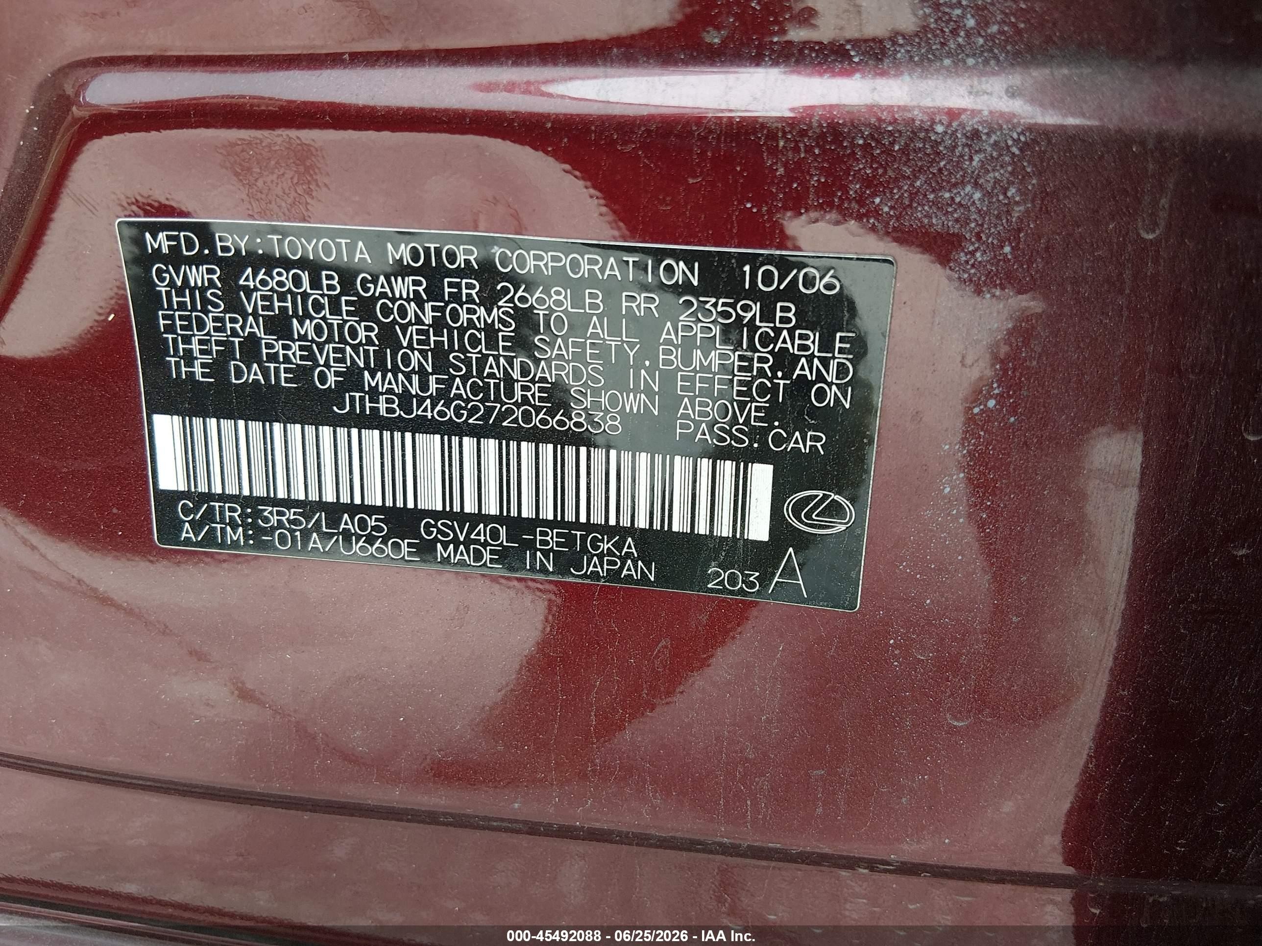 2007 Lexus Es 350   Maroon vin: JTHBJ46G272066838