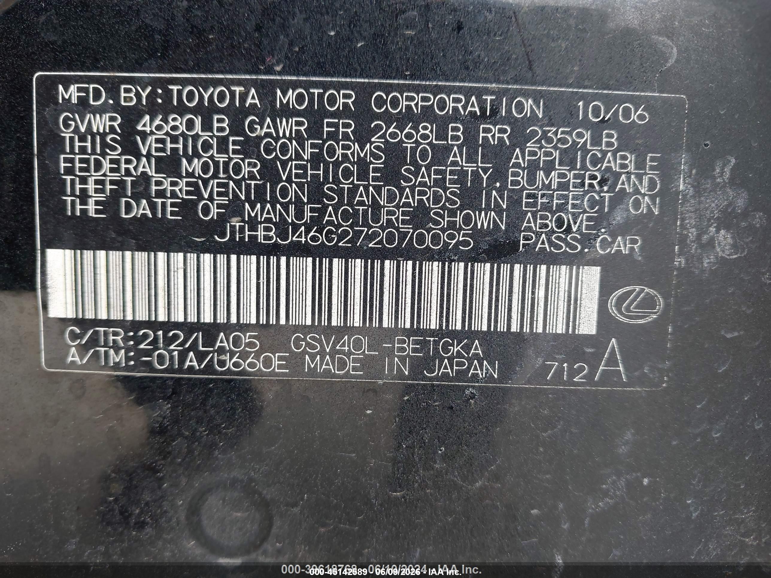 2007 Lexus Es 350   Black vin: JTHBJ46G272070095