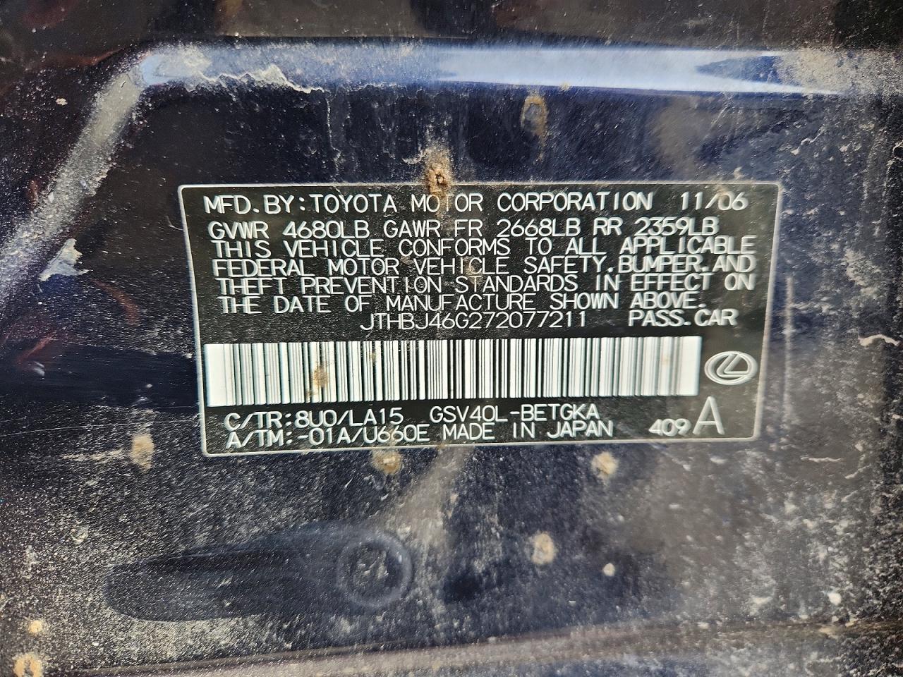 2007 Lexus Es 350 Base Black vin: JTHBJ46G272077211