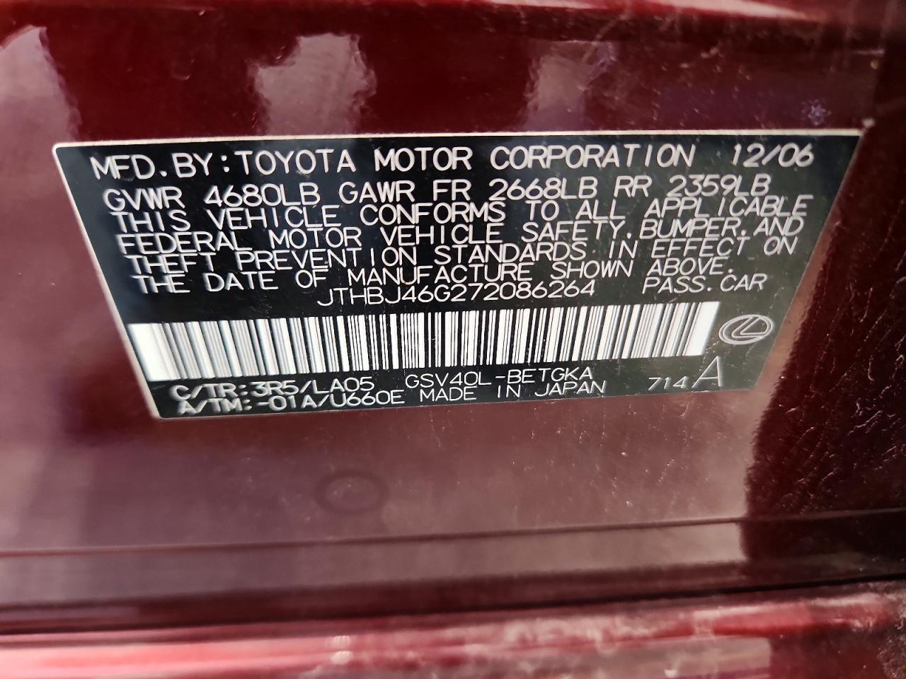 2007 Lexus Es 350 Burgundy vin: JTHBJ46G272086264