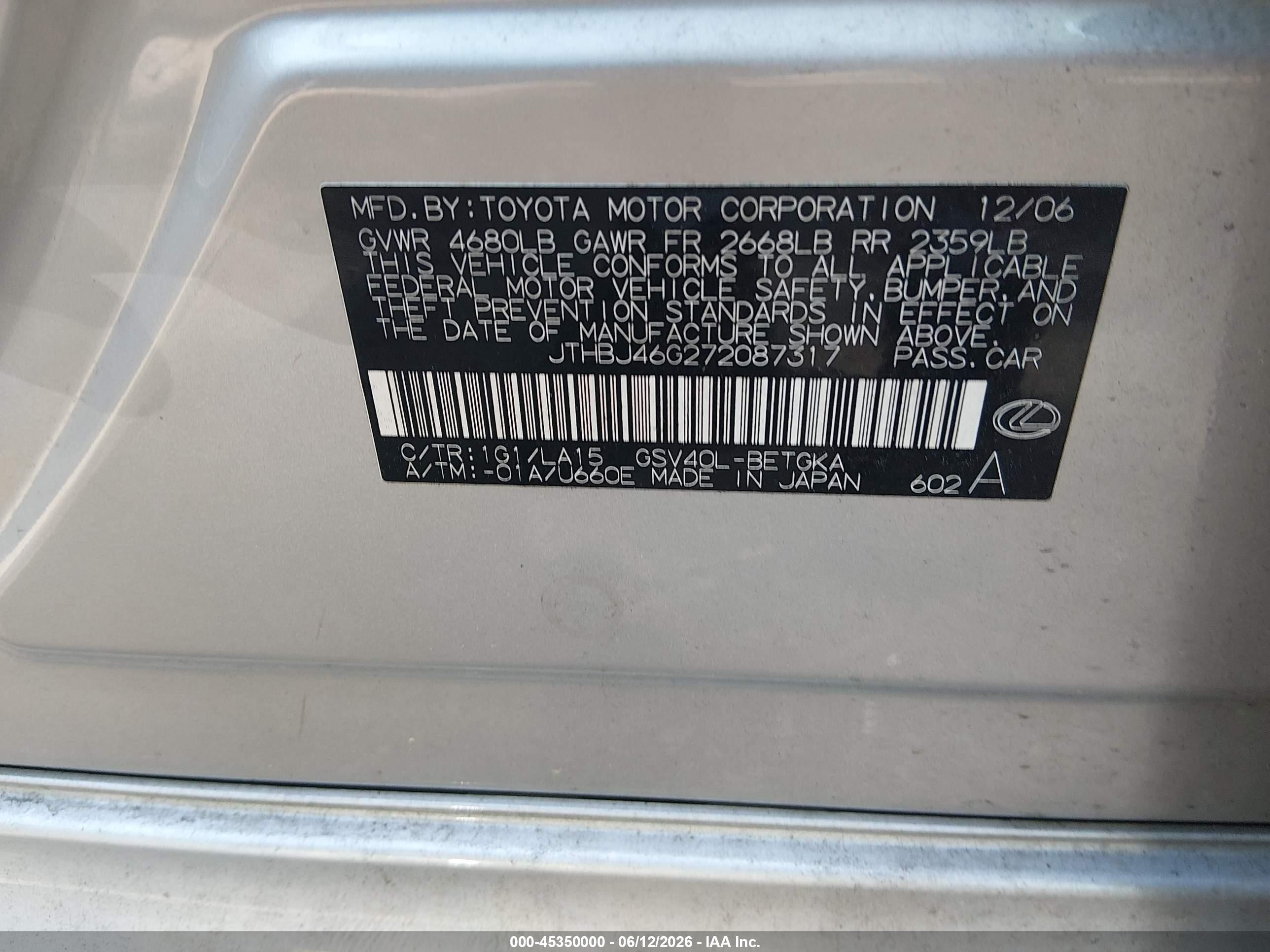 2007 Lexus Es 350   Silver vin: JTHBJ46G272087317