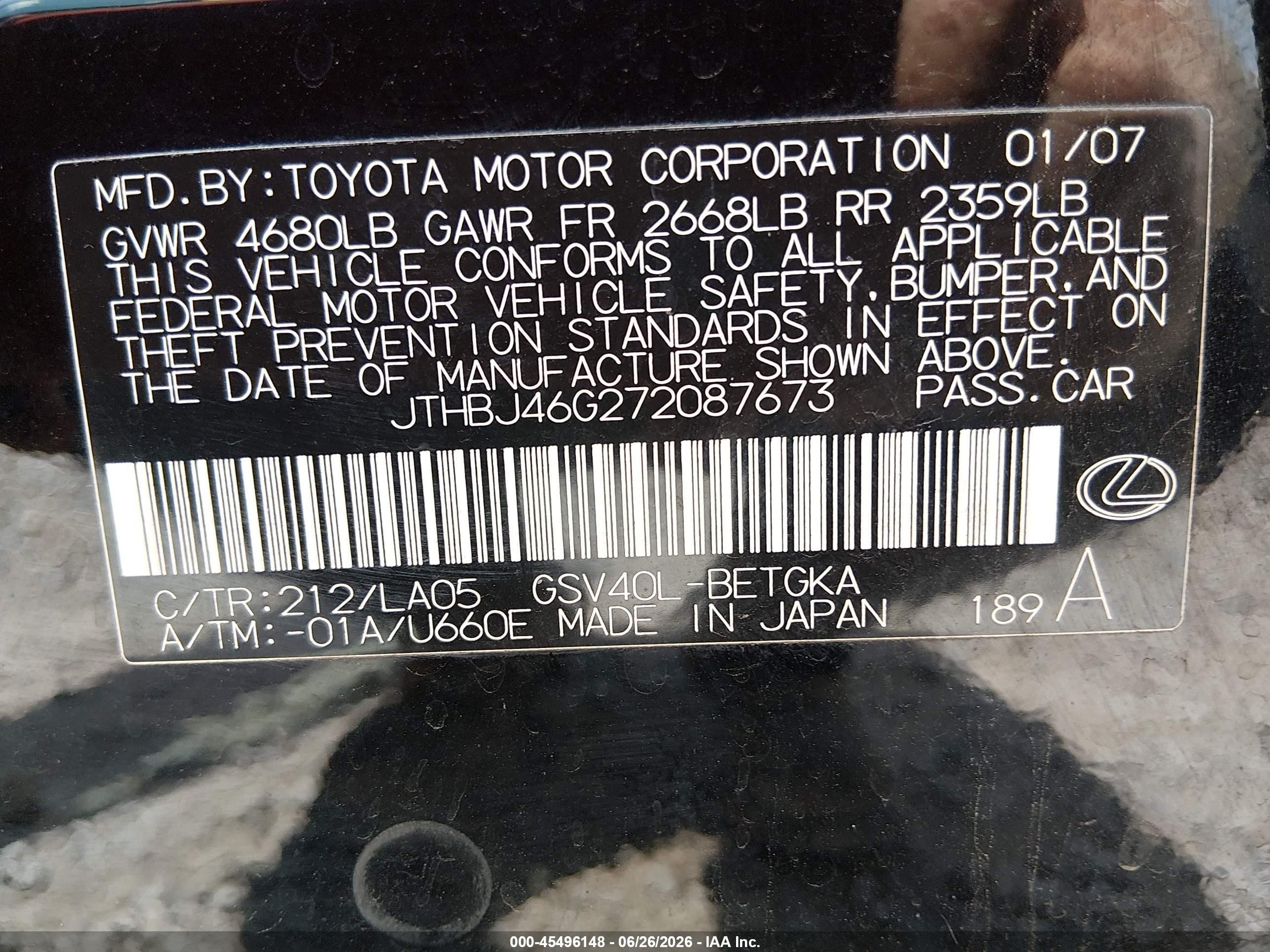 2007 Lexus Es 350   Black vin: JTHBJ46G272087673