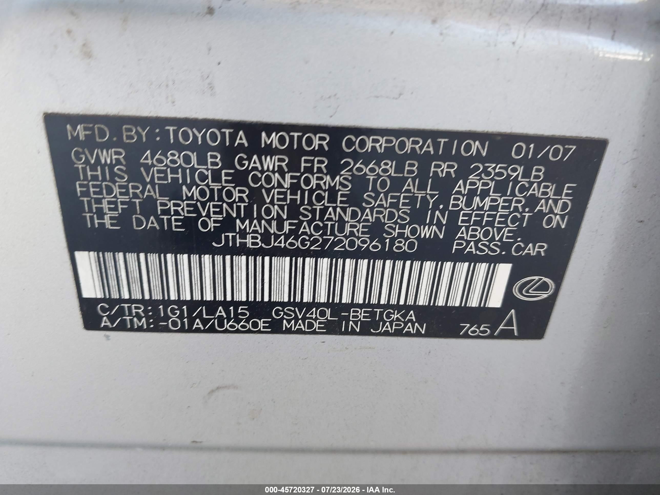 2007 Lexus Es 350   Серебряный vin: JTHBJ46G272096180