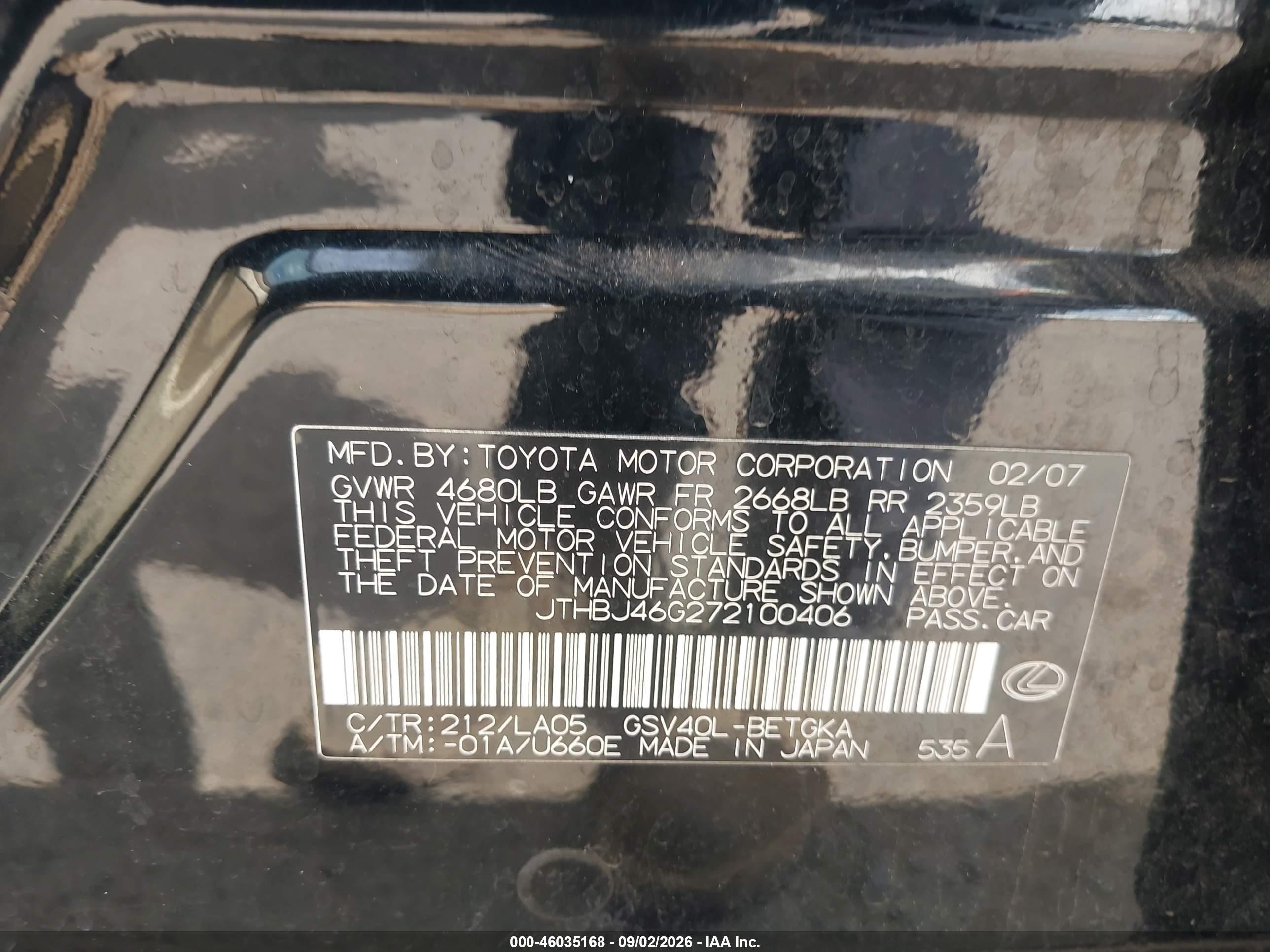 2007 Lexus Es 350   Black vin: JTHBJ46G272100406