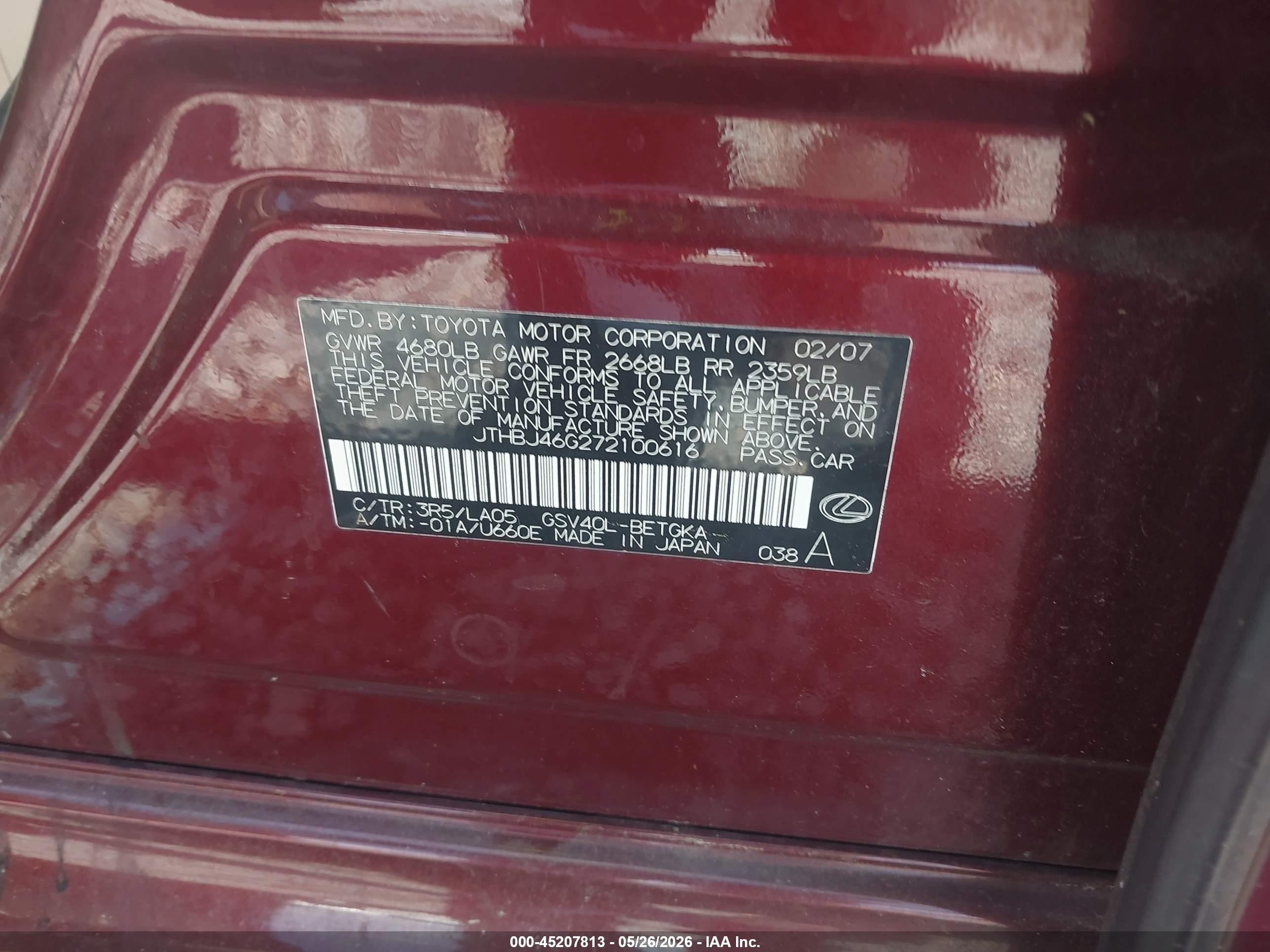 2007 Lexus Es 350 Burgundy vin: JTHBJ46G272100616