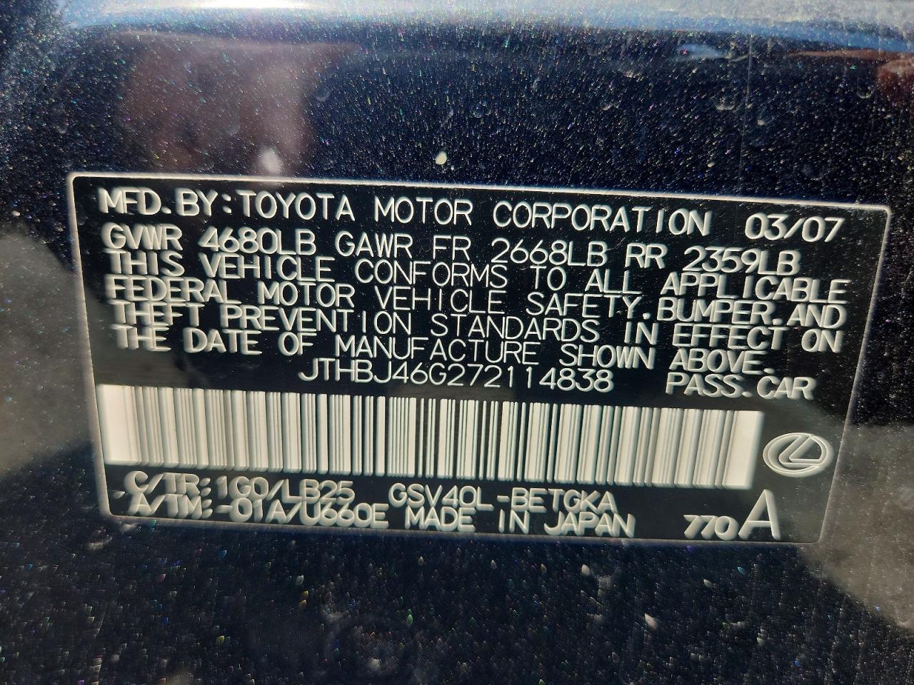2007 Lexus Es 350 Charcoal vin: JTHBJ46G272114838
