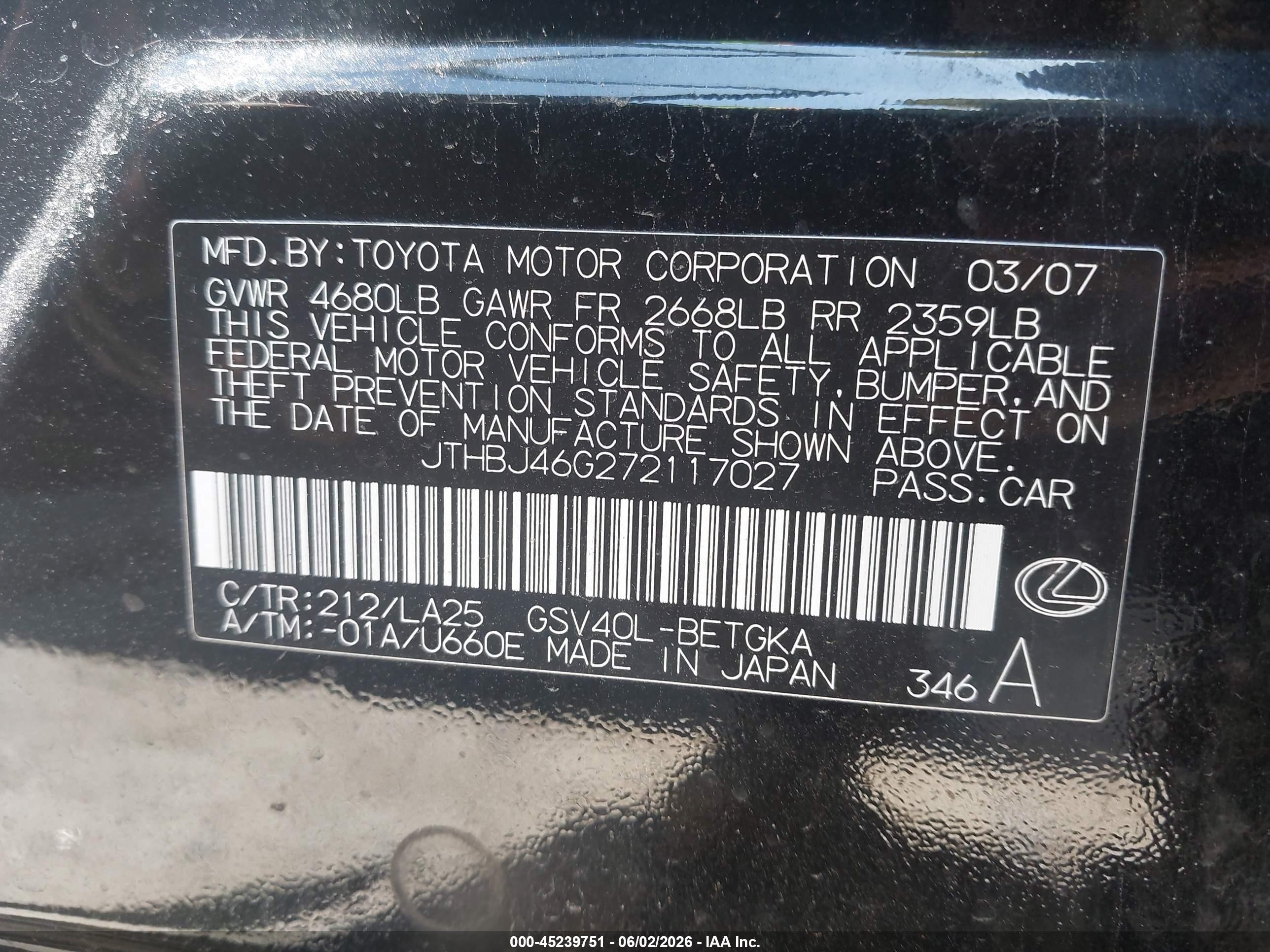 2007 Lexus Es 350   Black vin: JTHBJ46G272117027