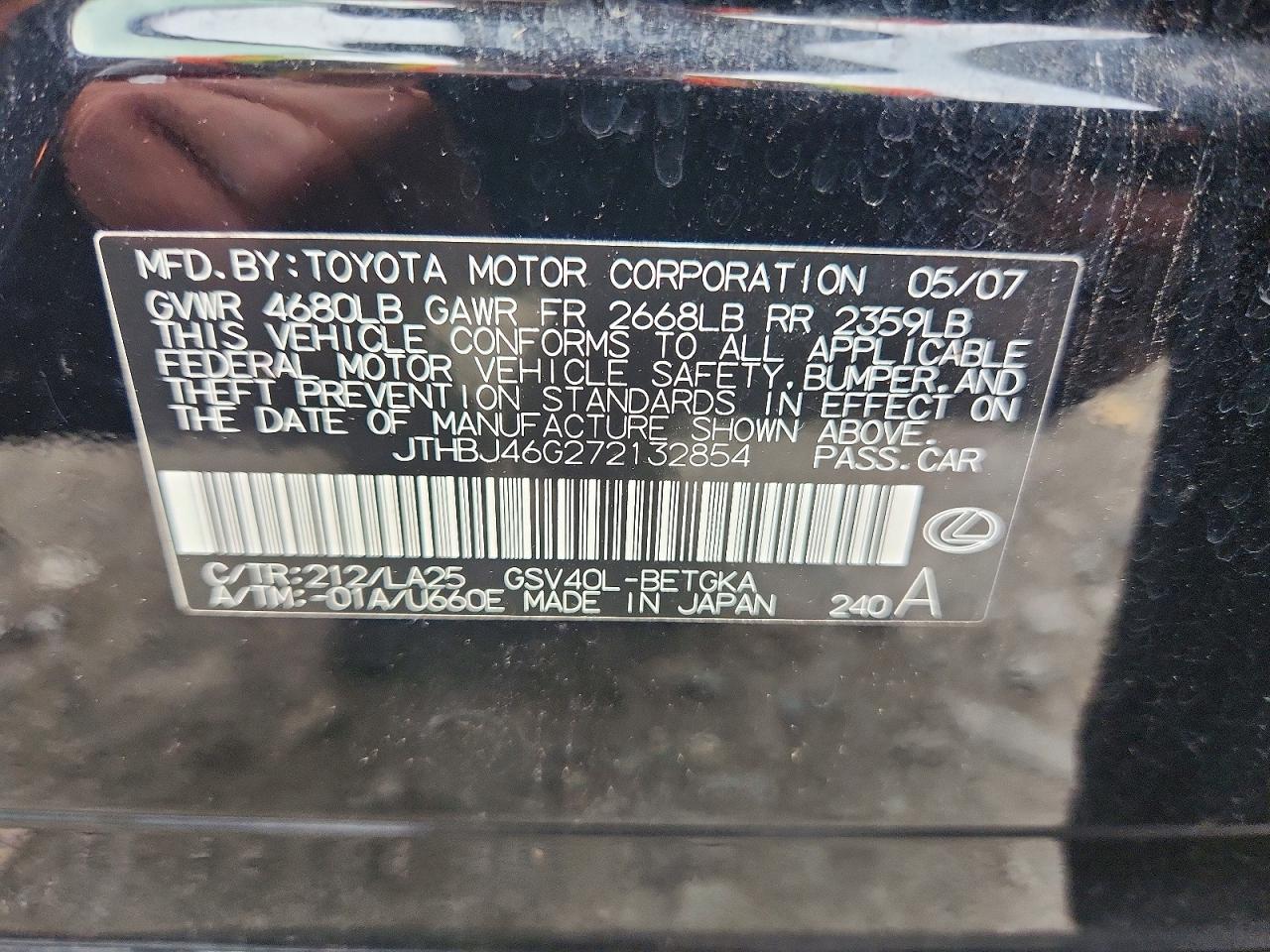 2007 Lexus Es 350 Black vin: JTHBJ46G272132854