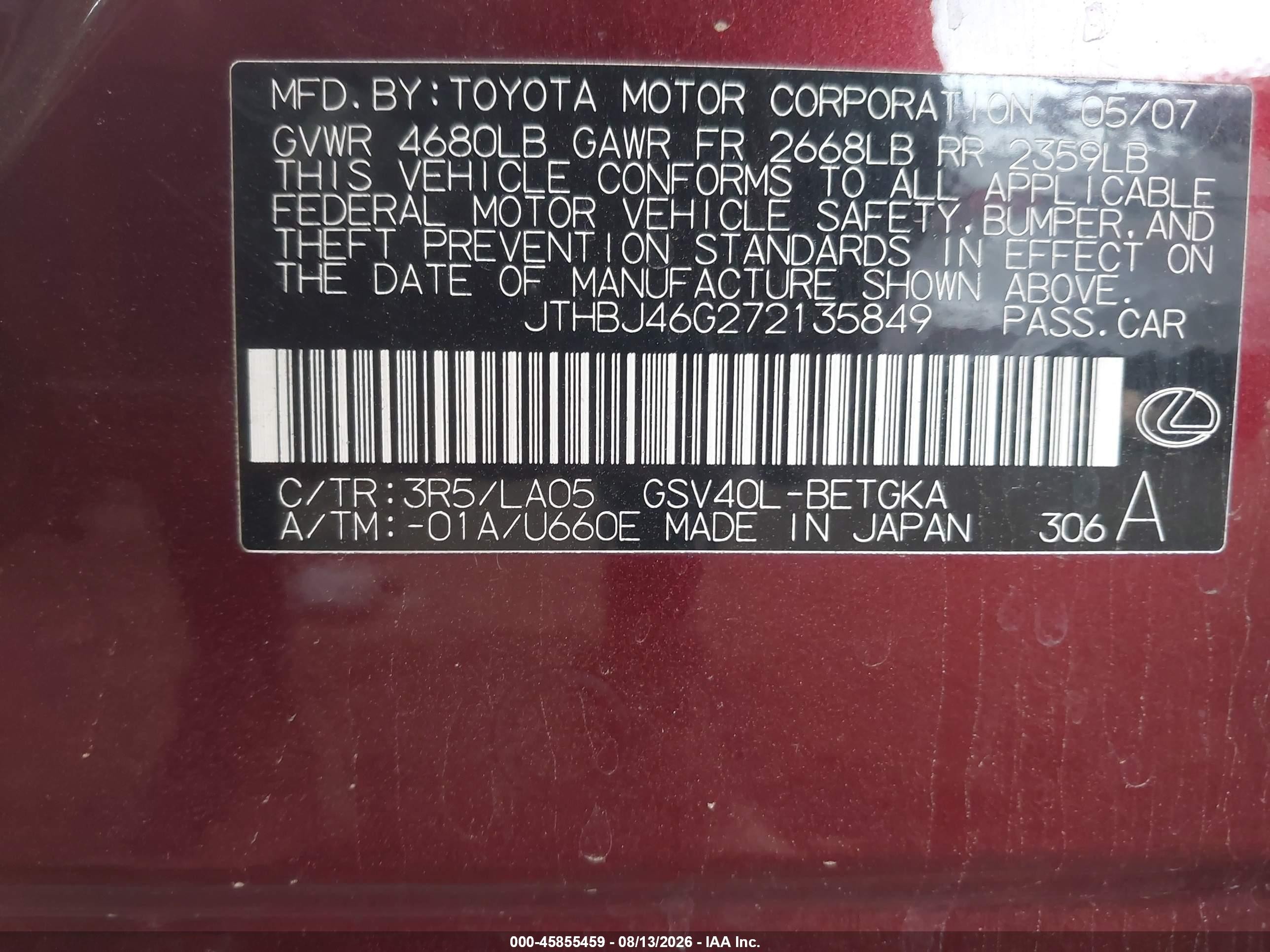 2007 Lexus Es 350   Burgundy vin: JTHBJ46G272135849