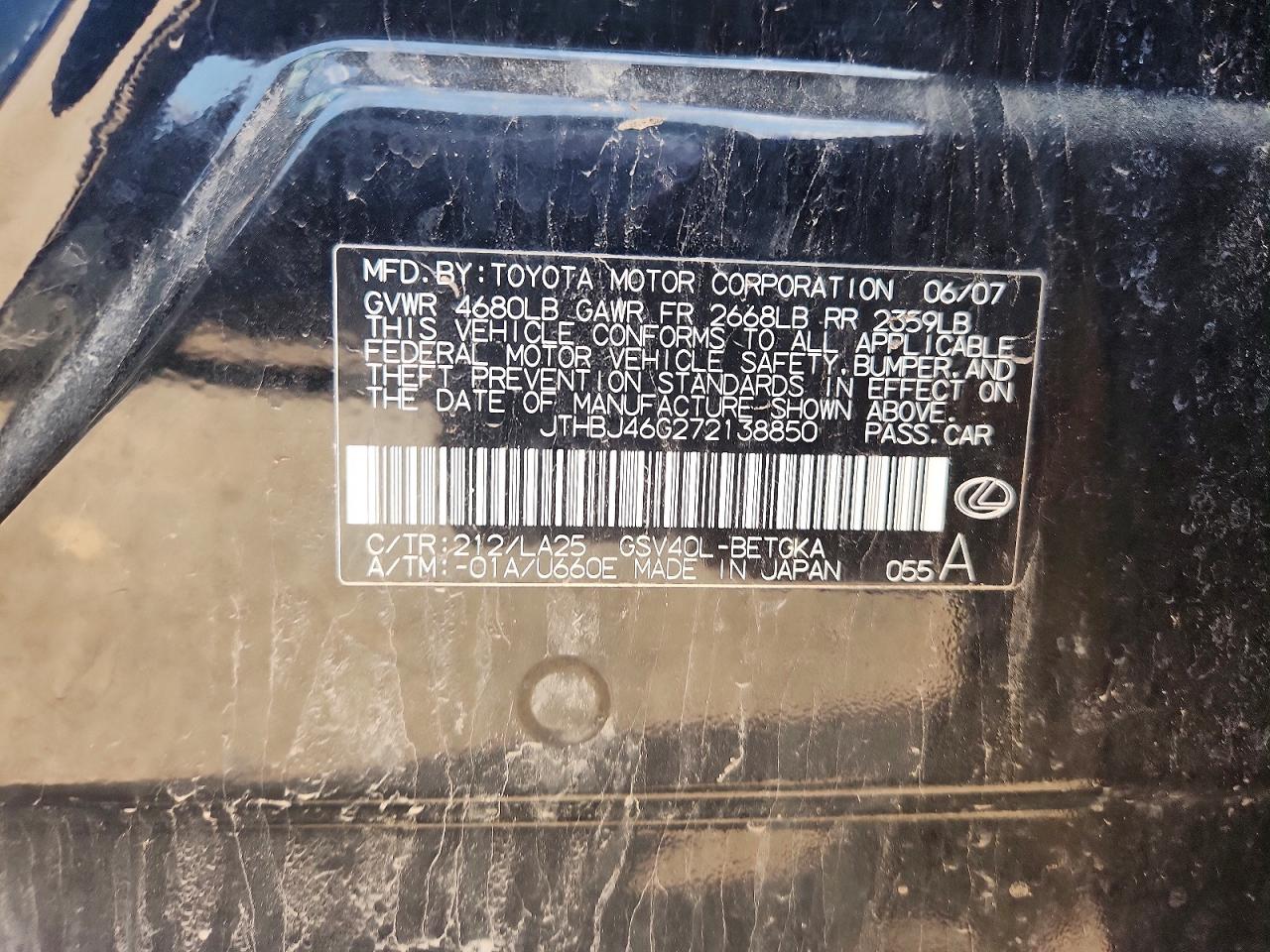 2007 Lexus Es 350 Черный vin: JTHBJ46G272138850
