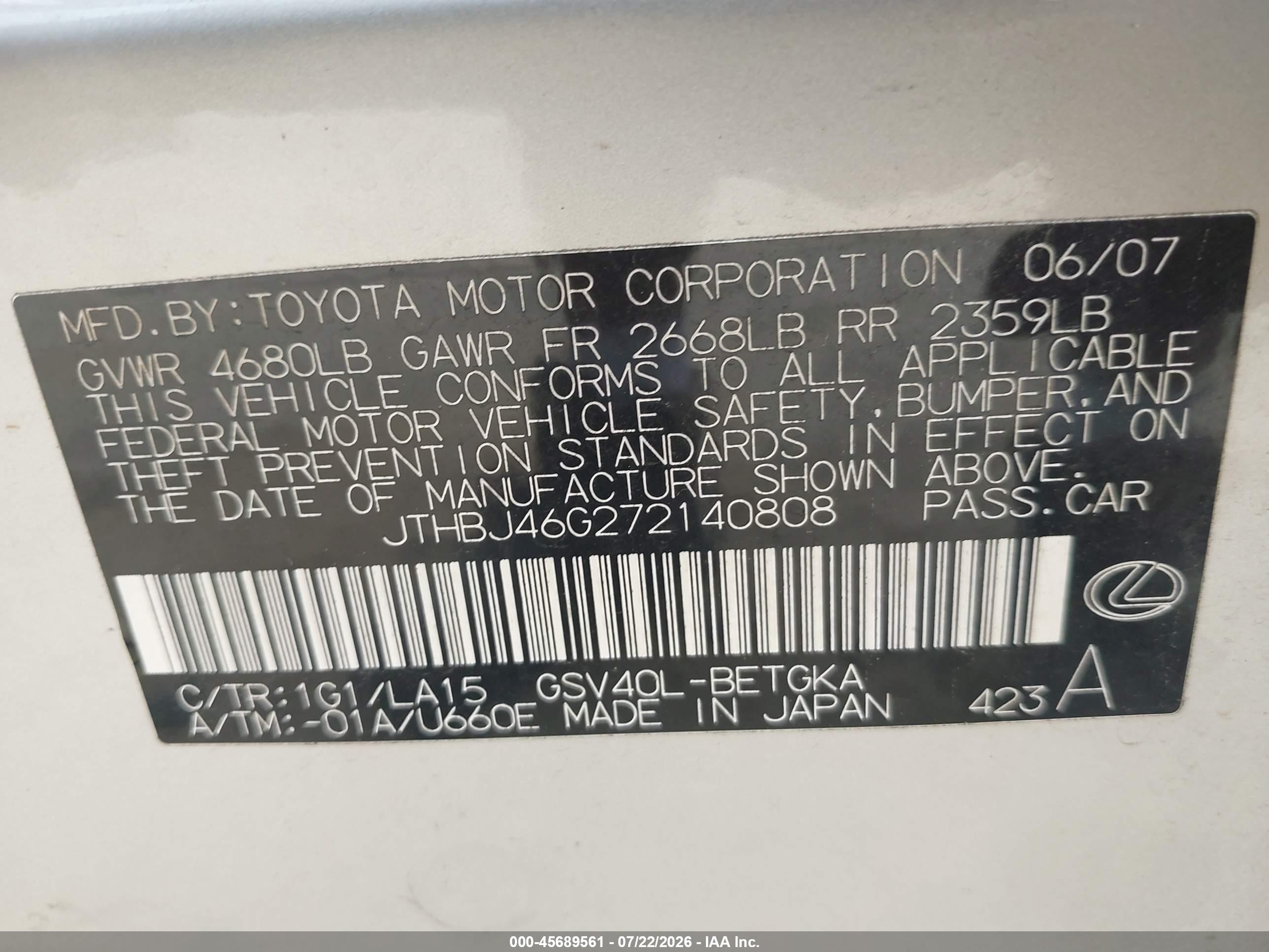 2007 Lexus Es 350 Silver vin: JTHBJ46G272140808