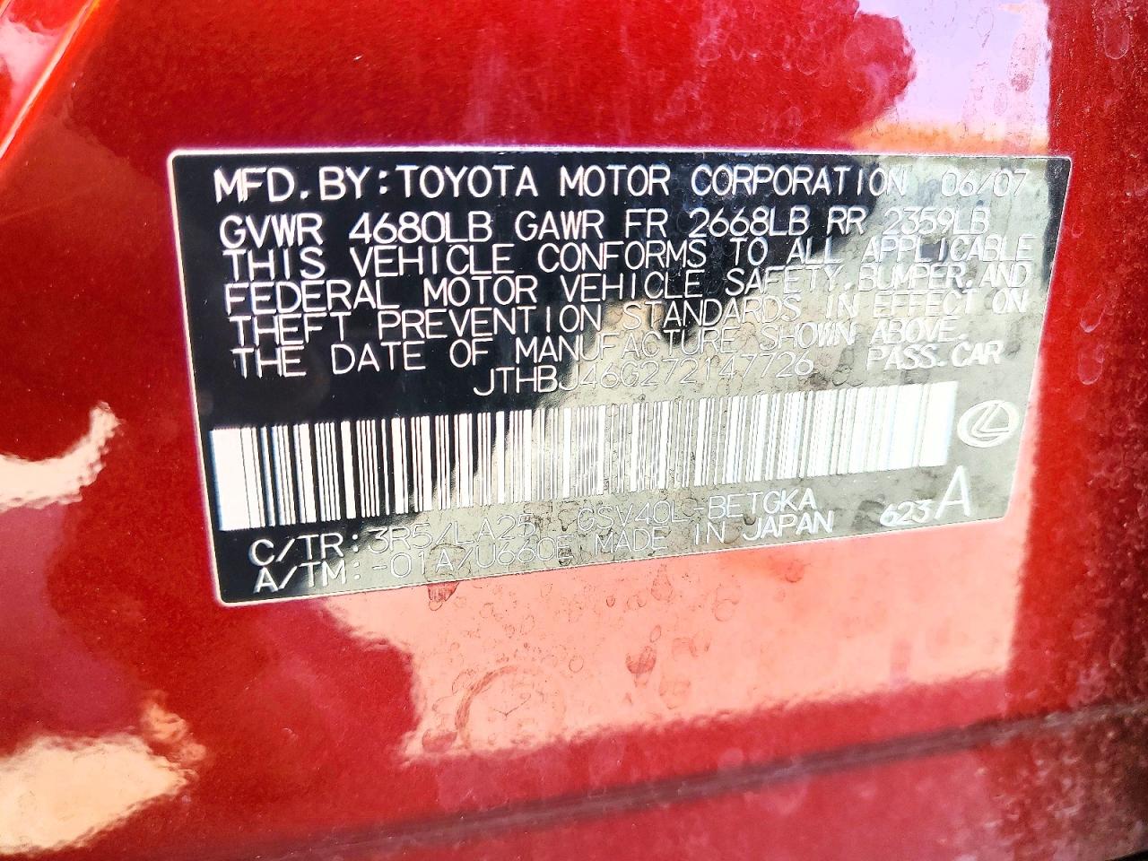 2007 Lexus Es 350 Red vin: JTHBJ46G272147726