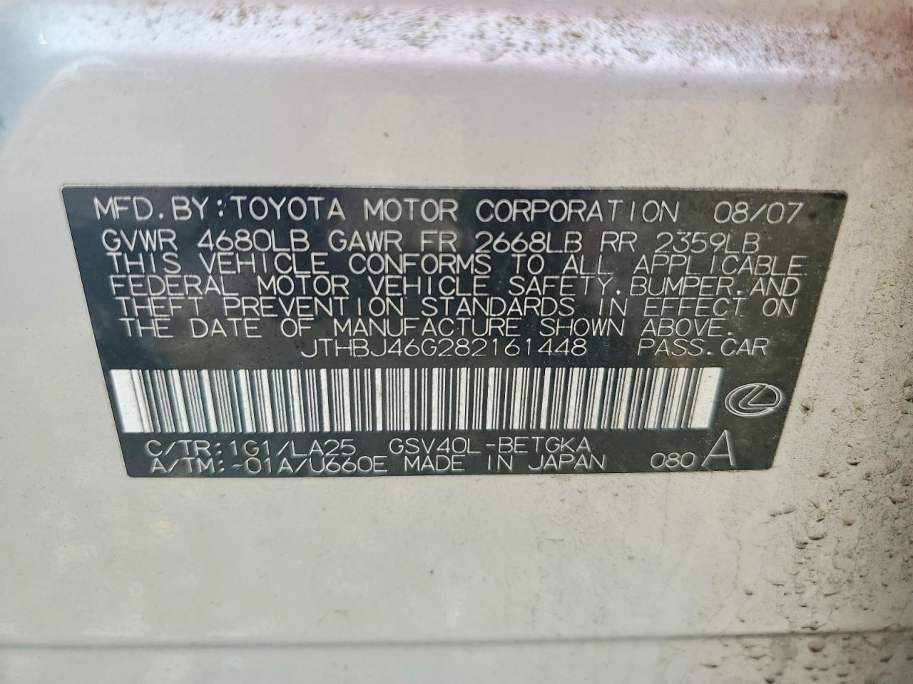 2008 Lexus Es 350 Silver vin: JTHBJ46G282161448