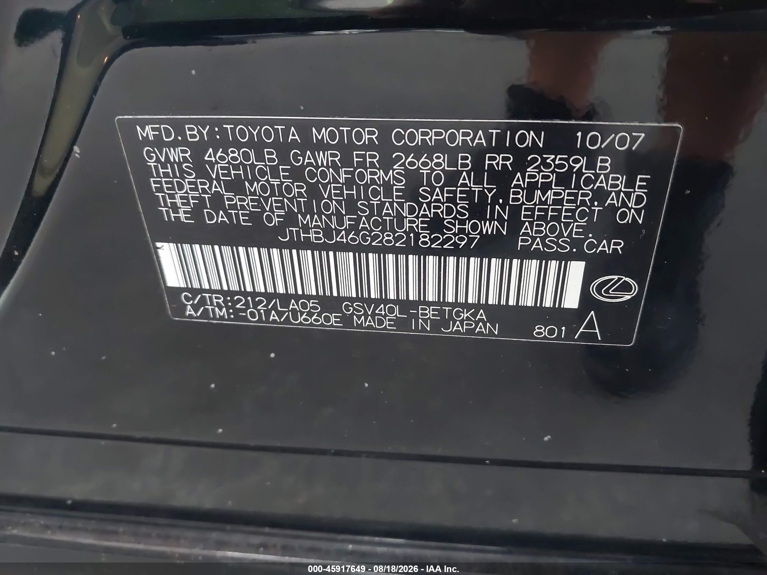 2008 Lexus Es 350   Черный vin: JTHBJ46G282182297