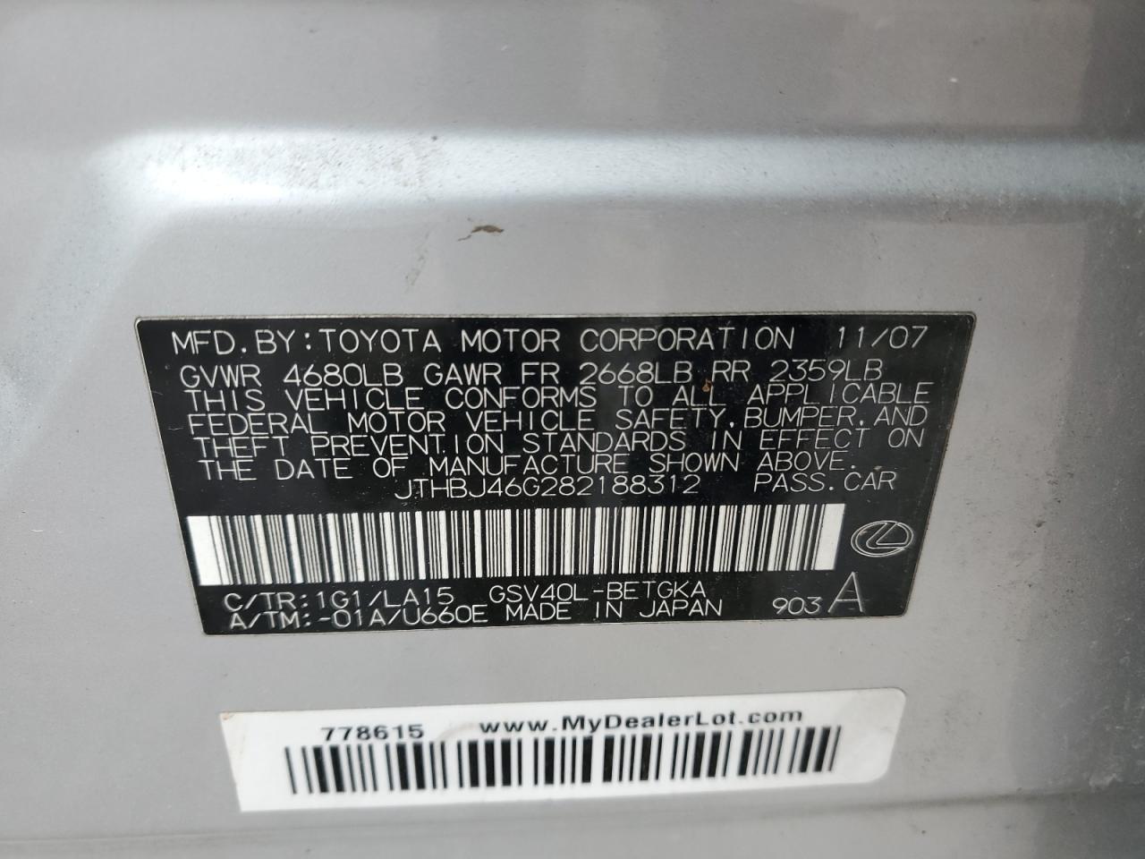 2008 Lexus Es 350 Base Silver vin: JTHBJ46G282188312