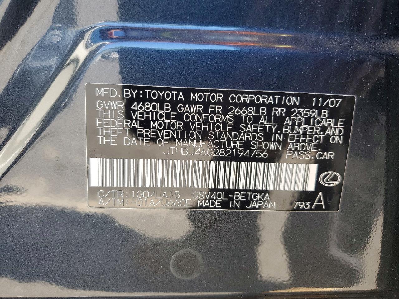 2008 Lexus Es 350 Charcoal vin: JTHBJ46G282194756