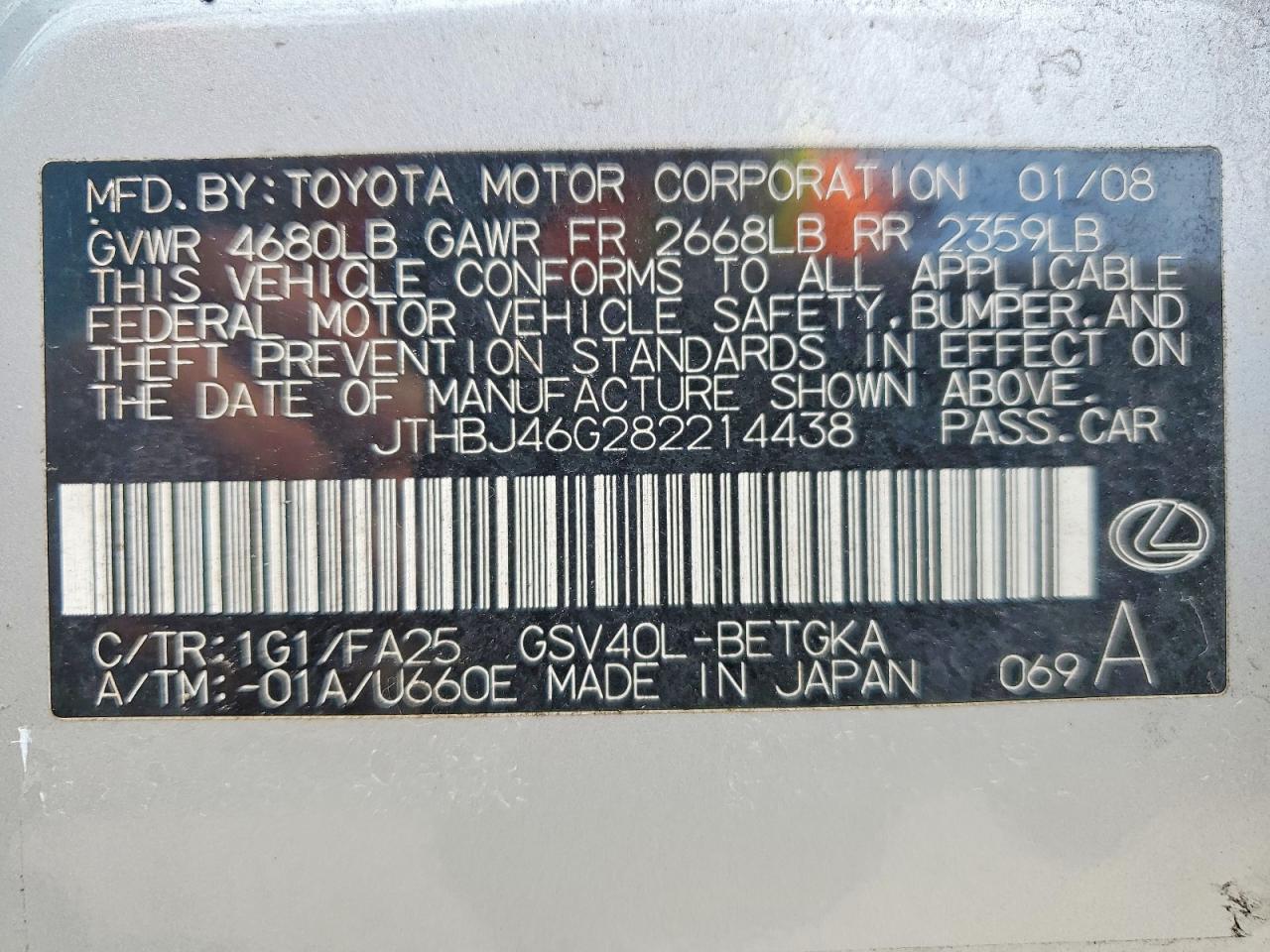2008 Lexus Es 350 Серебряный vin: JTHBJ46G282214438