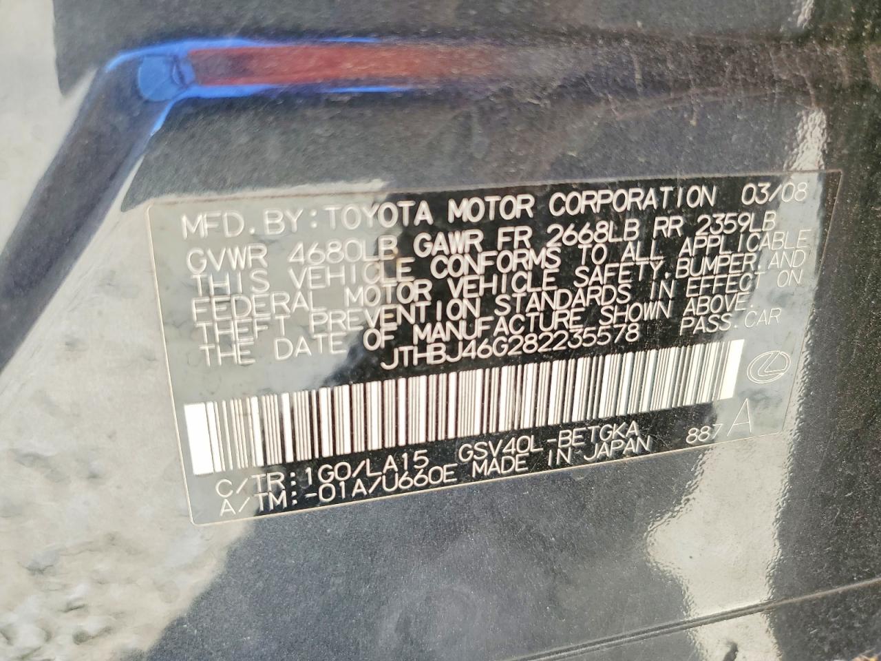 2008 Lexus Es 350 Charcoal vin: JTHBJ46G282235578