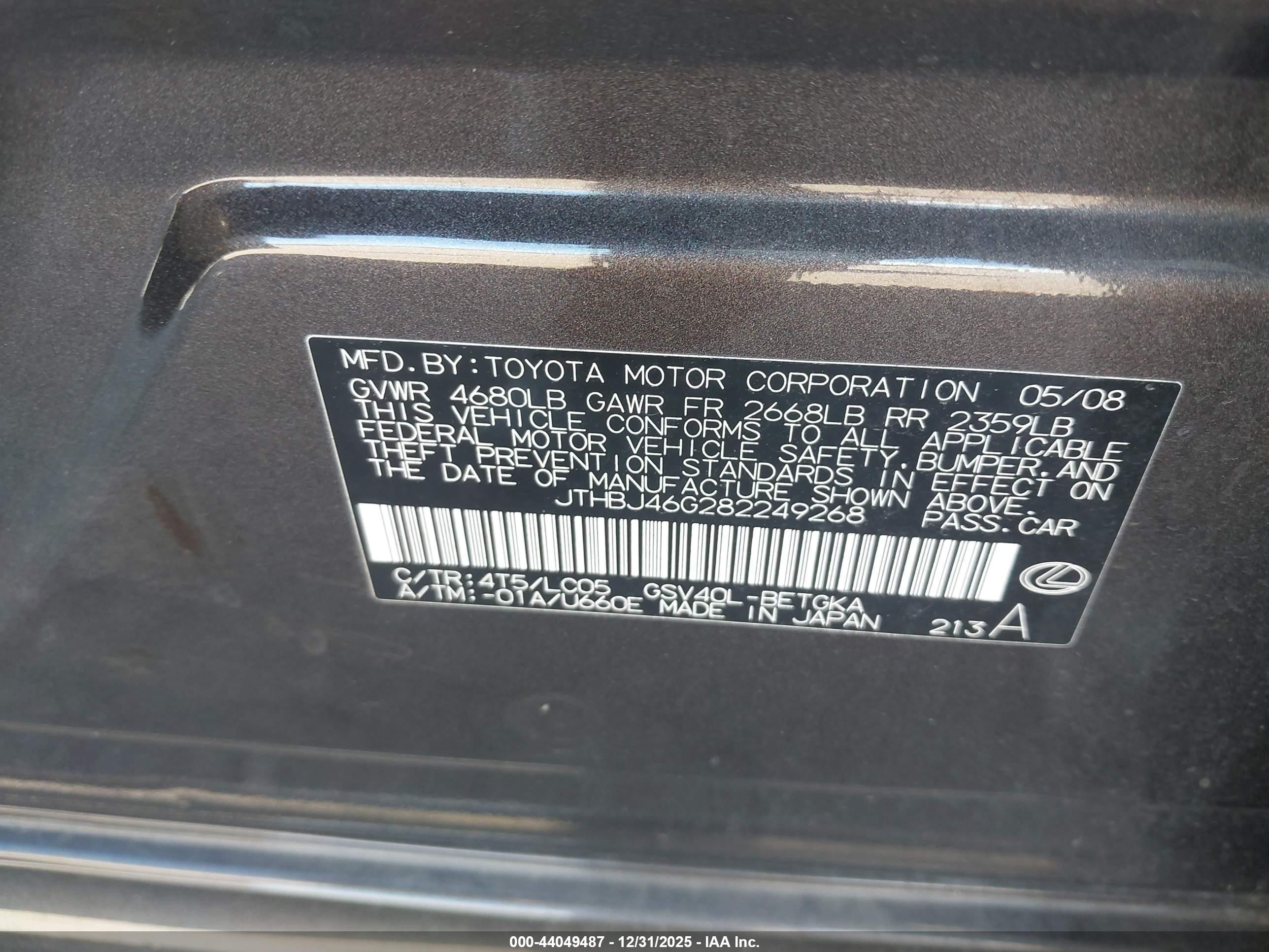 2008 Lexus Es 350 Gray vin: JTHBJ46G282249268