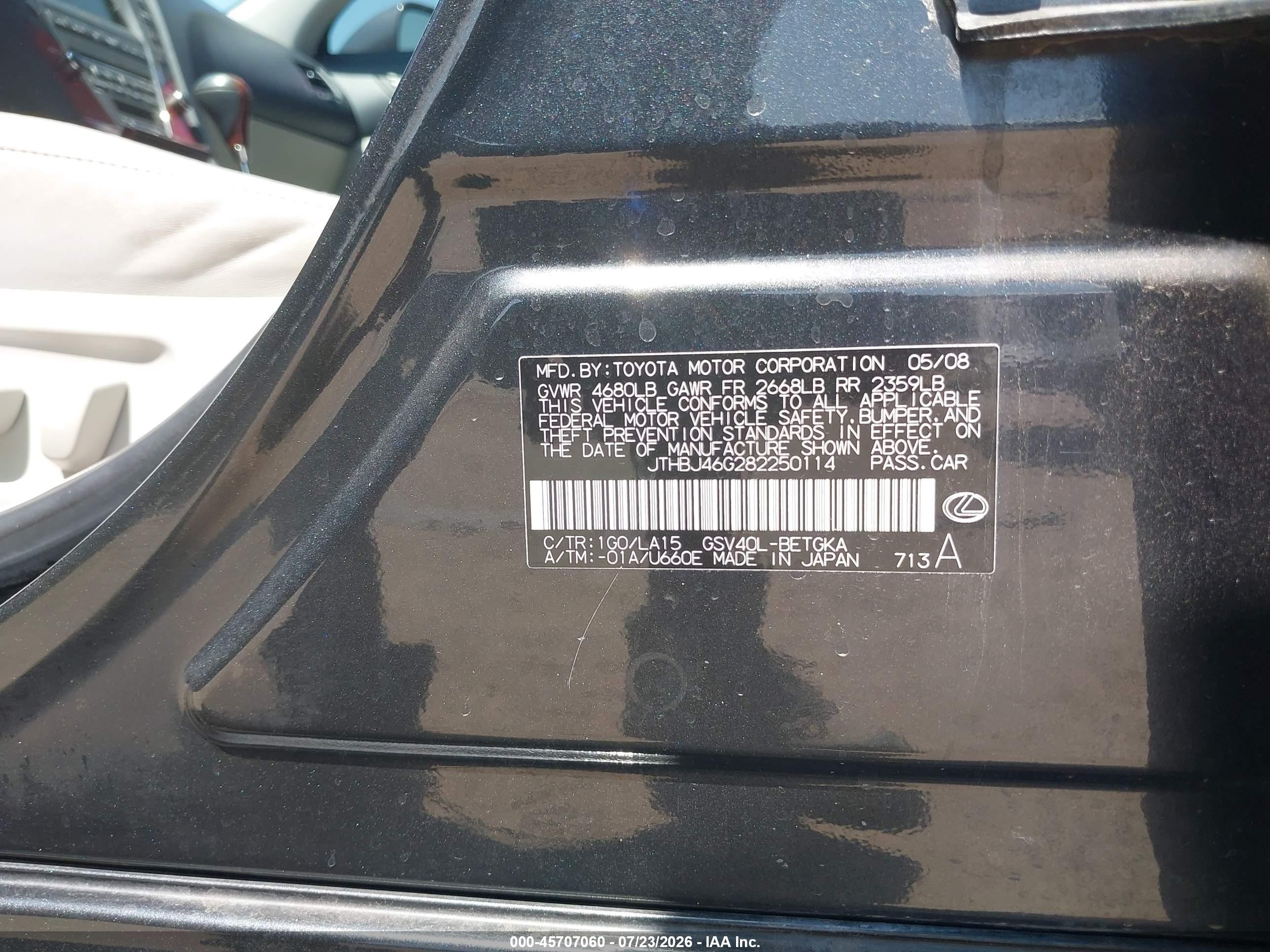 2008 Lexus Es 350   Черный vin: JTHBJ46G282250114