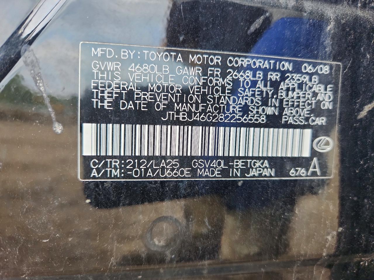 2008 Lexus Es 350 Blue vin: JTHBJ46G282256558