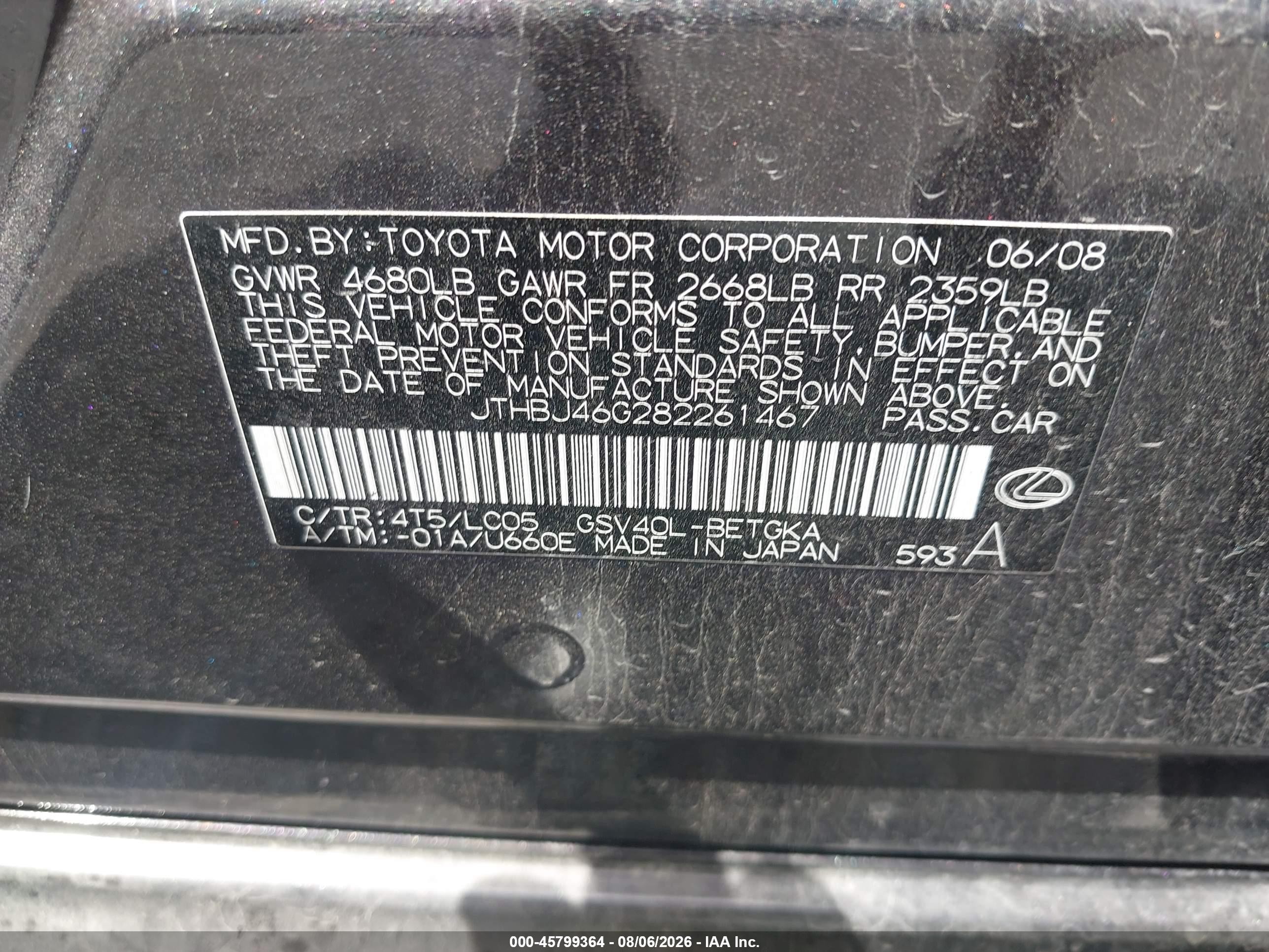 2008 Lexus Es 350 Black vin: JTHBJ46G282261467