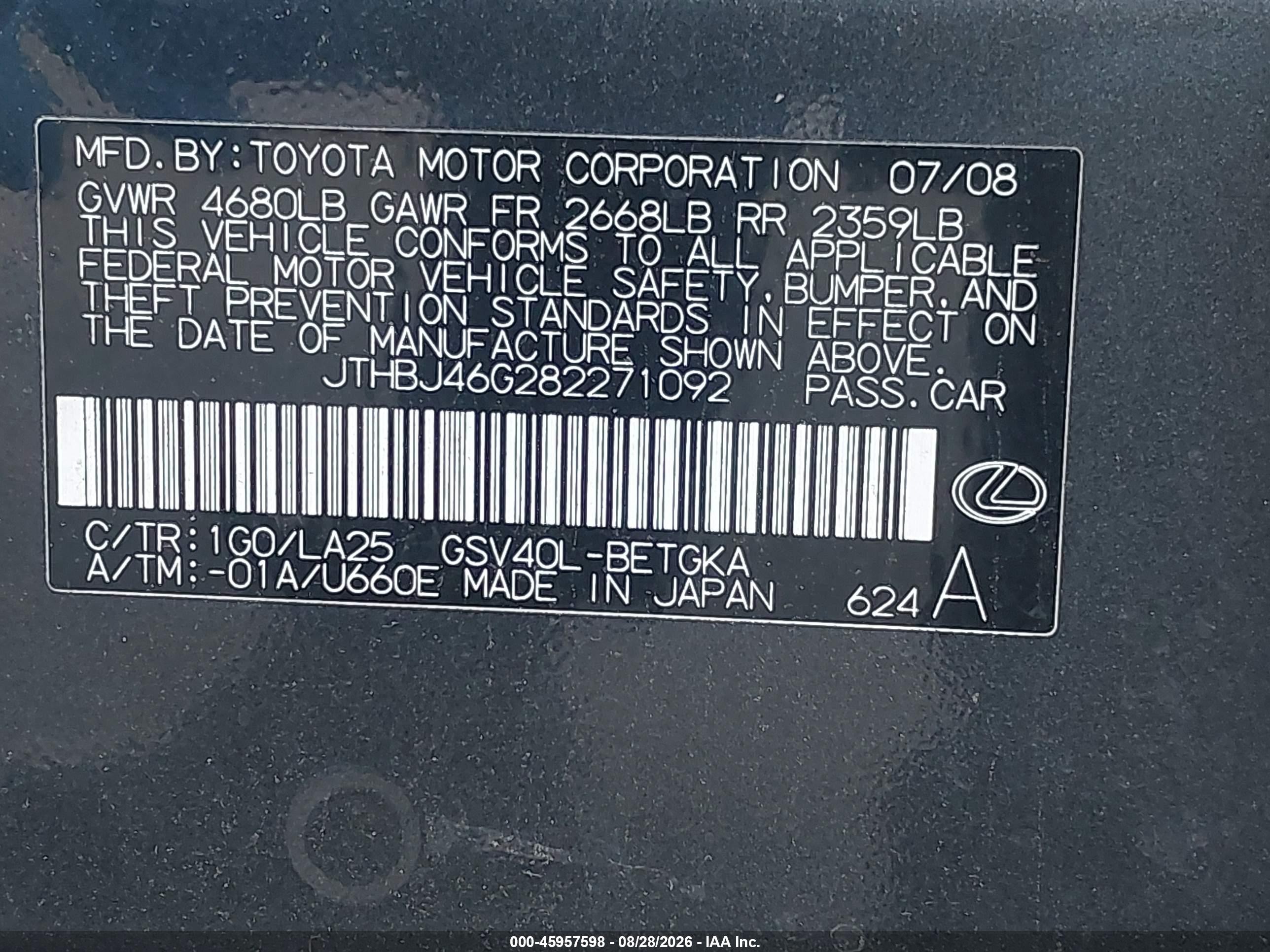 2008 Lexus Es 350   Gray vin: JTHBJ46G282271092