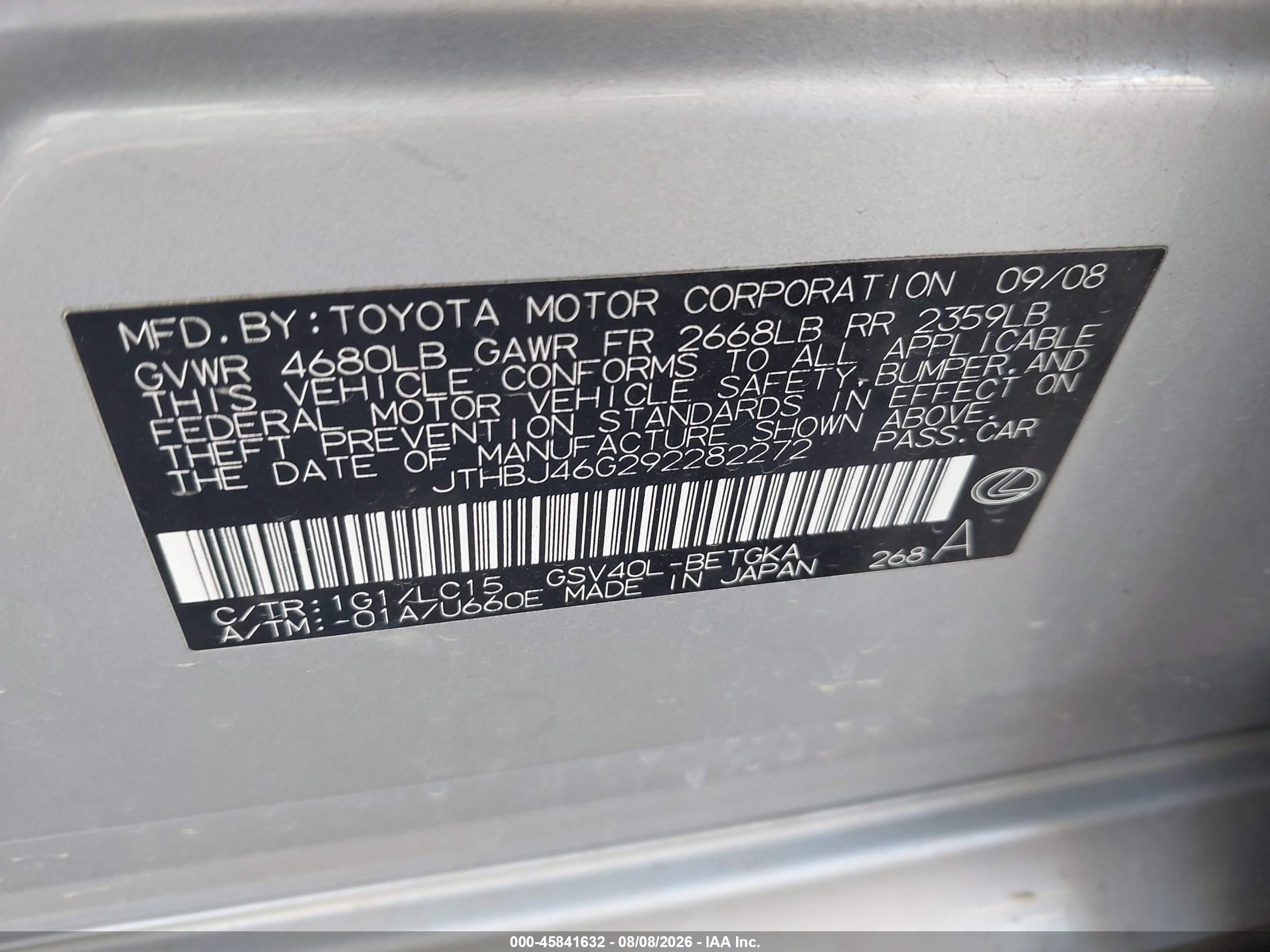 2009 Lexus Es 350   Серебряный vin: JTHBJ46G292282272