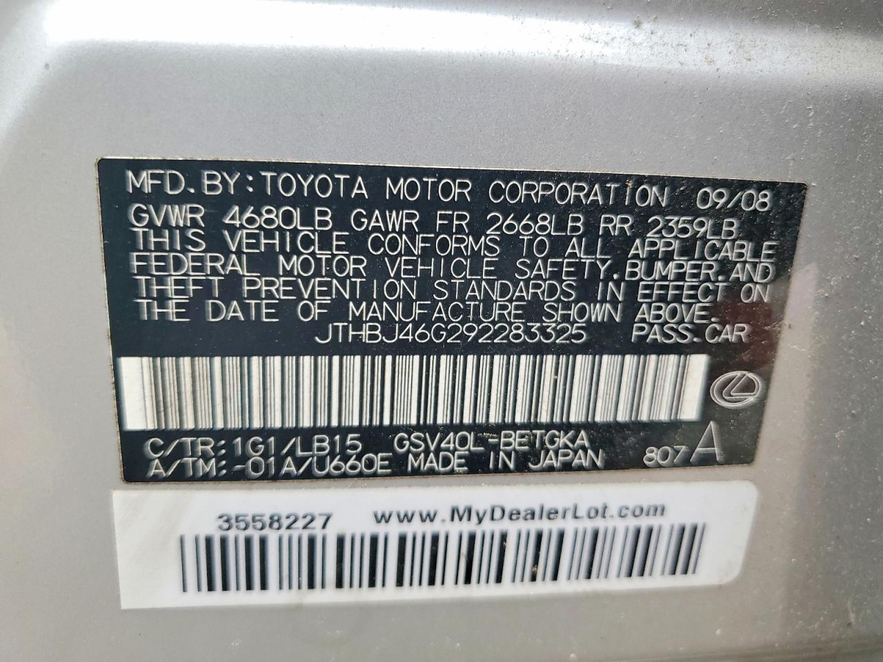 2009 Lexus Es 350 Silver vin: JTHBJ46G292283325