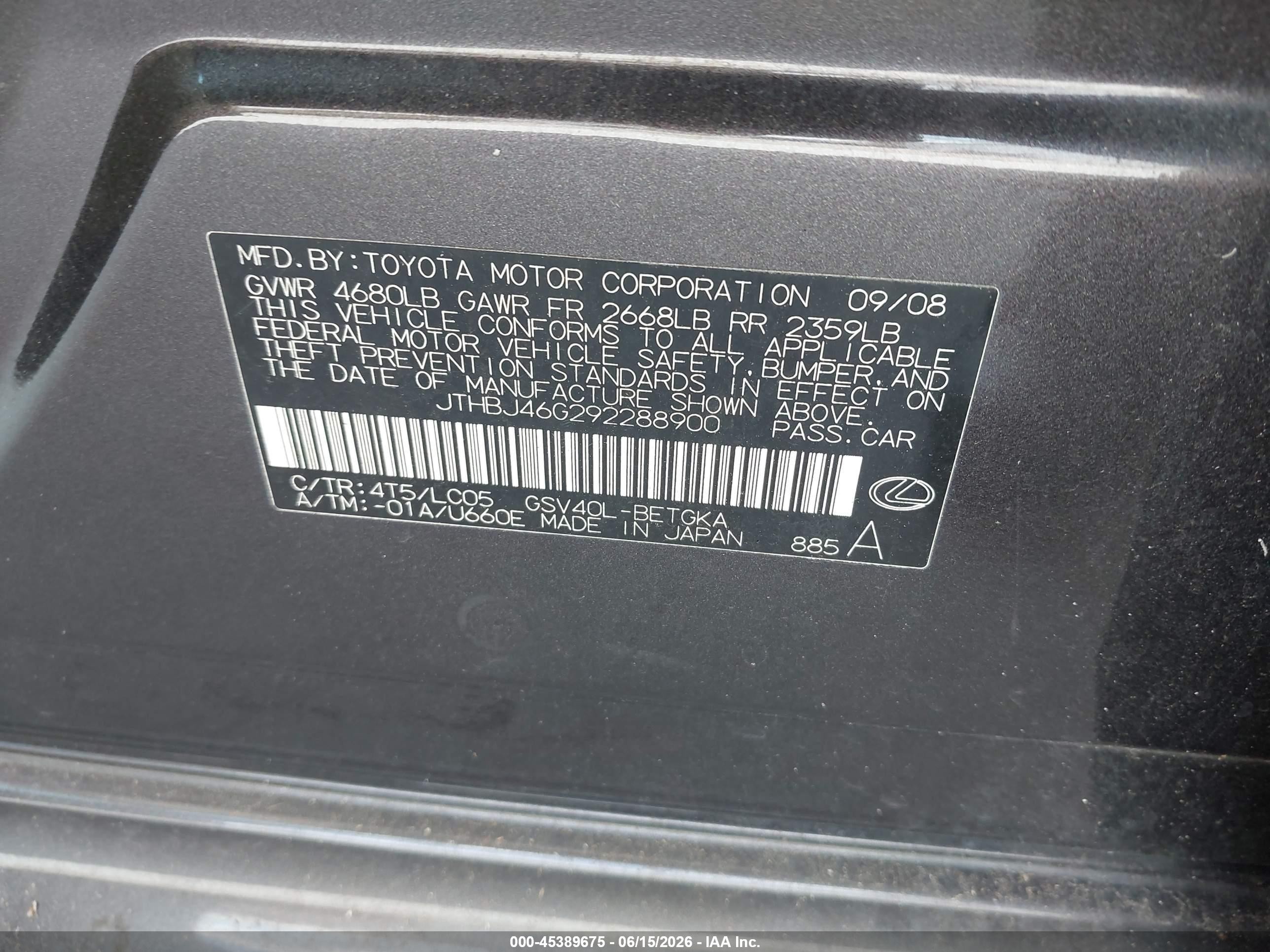 2009 Lexus Es 350 Gray vin: JTHBJ46G292288900