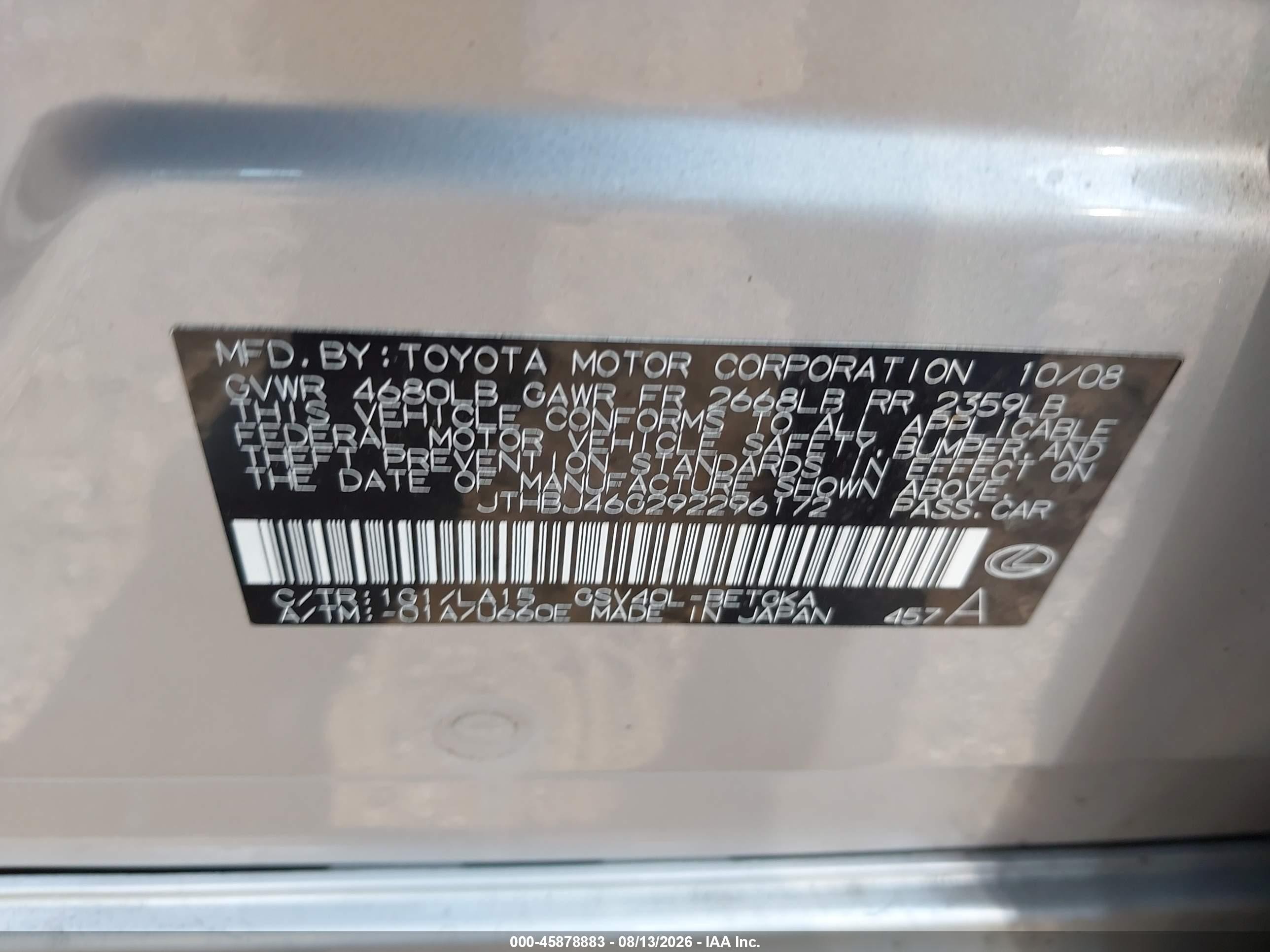 2009 Lexus Es 350   Silver vin: JTHBJ46G292296172