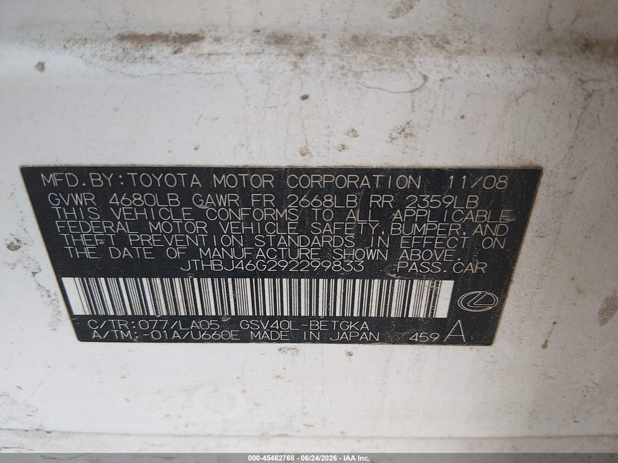 2009 Lexus Es 350   White vin: JTHBJ46G292299833