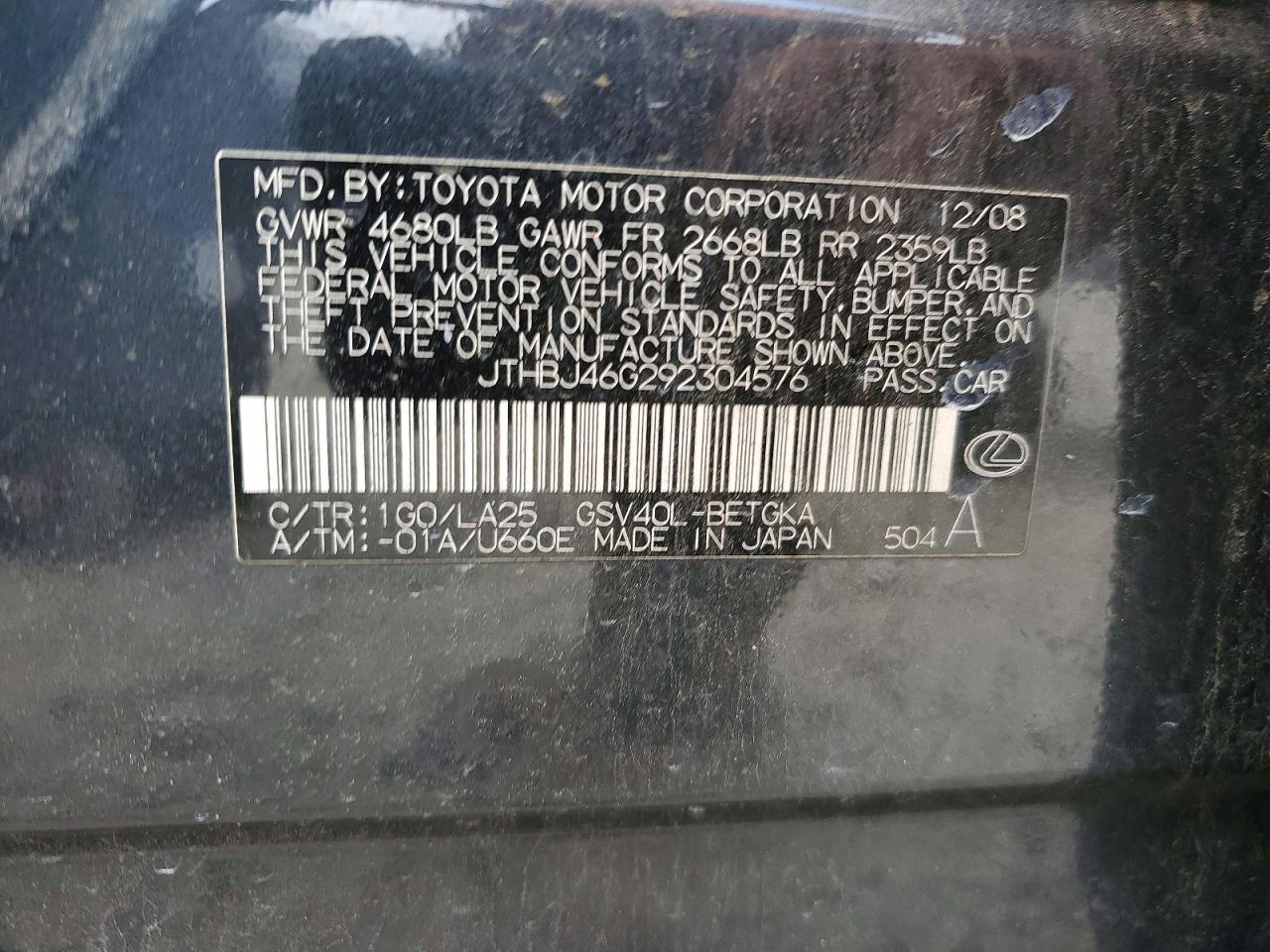 2009 Lexus Es 350 Black vin: JTHBJ46G292304576