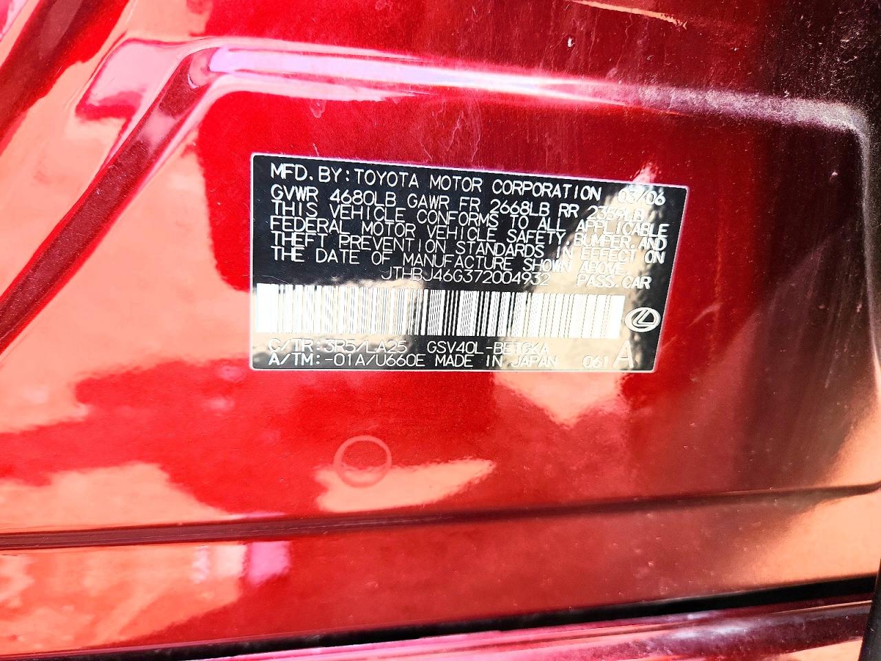 2007 Lexus Es 350 Red vin: JTHBJ46G372004932