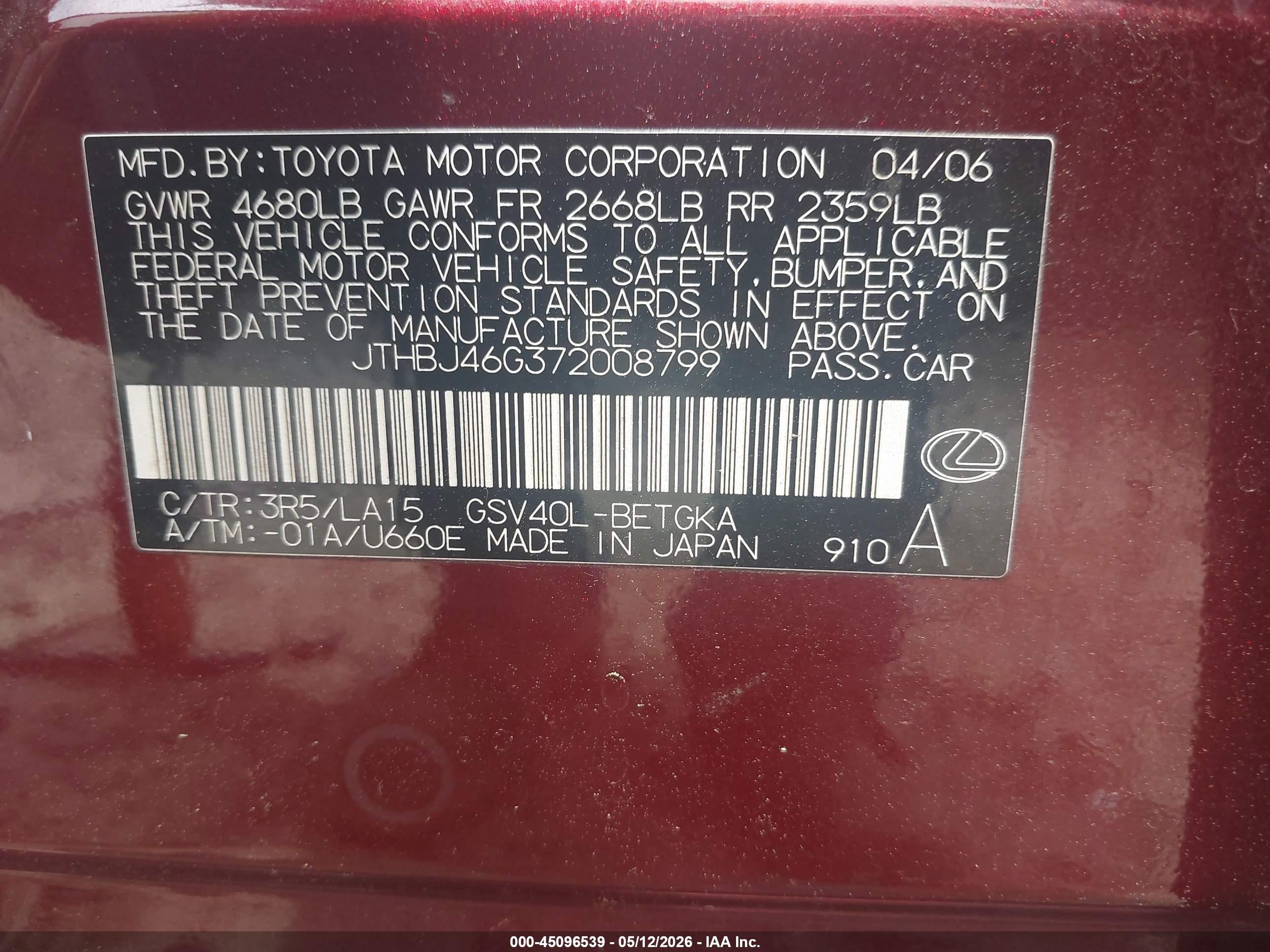 2007 Lexus Es 350 Maroon vin: JTHBJ46G372008799