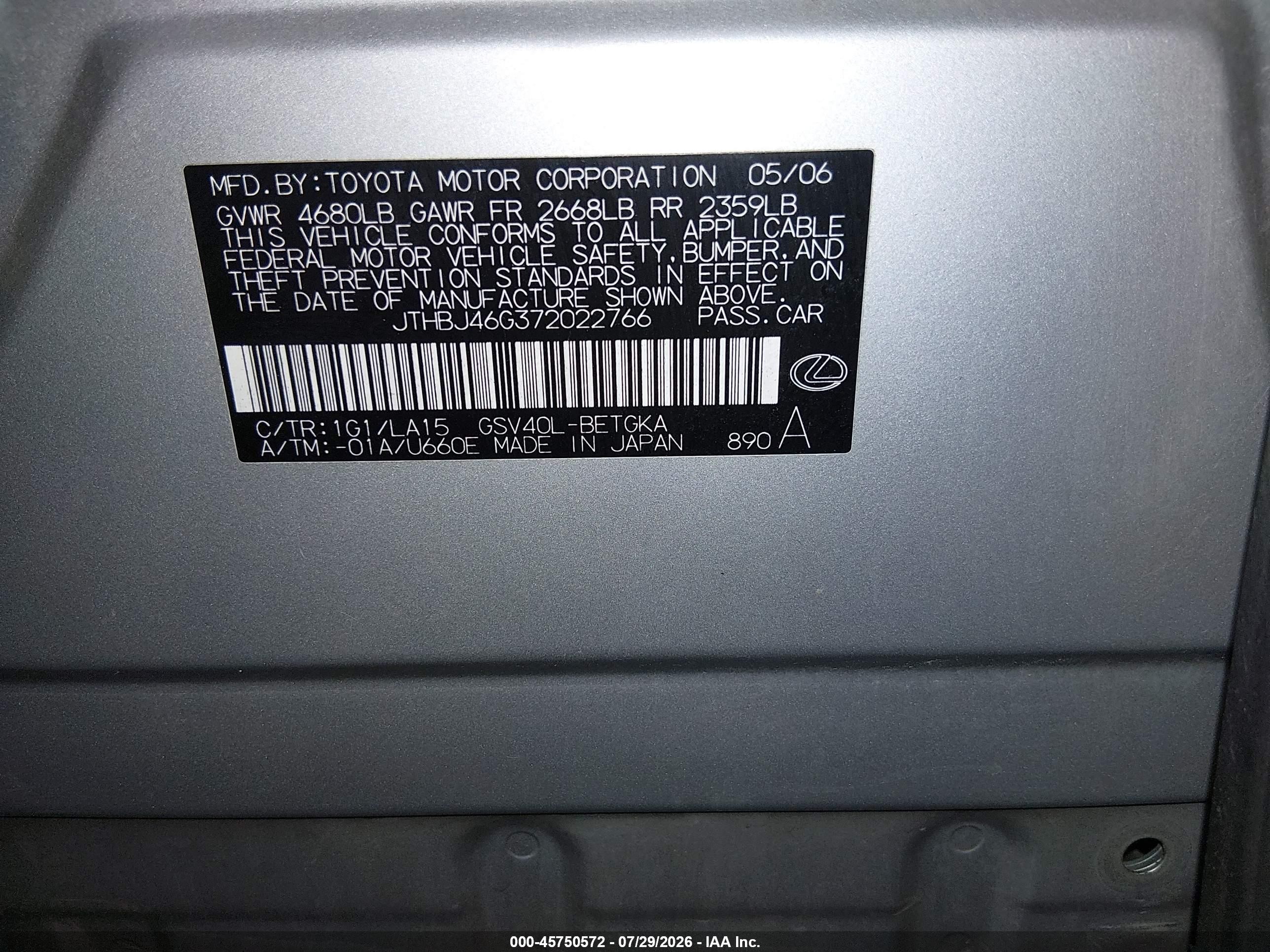 2007 Lexus Es 350   Silver vin: JTHBJ46G372022766