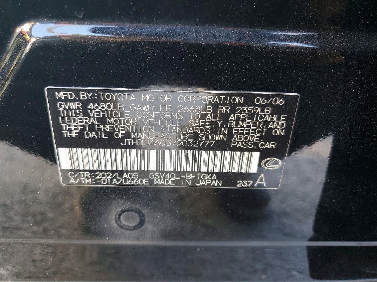 2007 Lexus Es 350 Черный vin: JTHBJ46G372032777