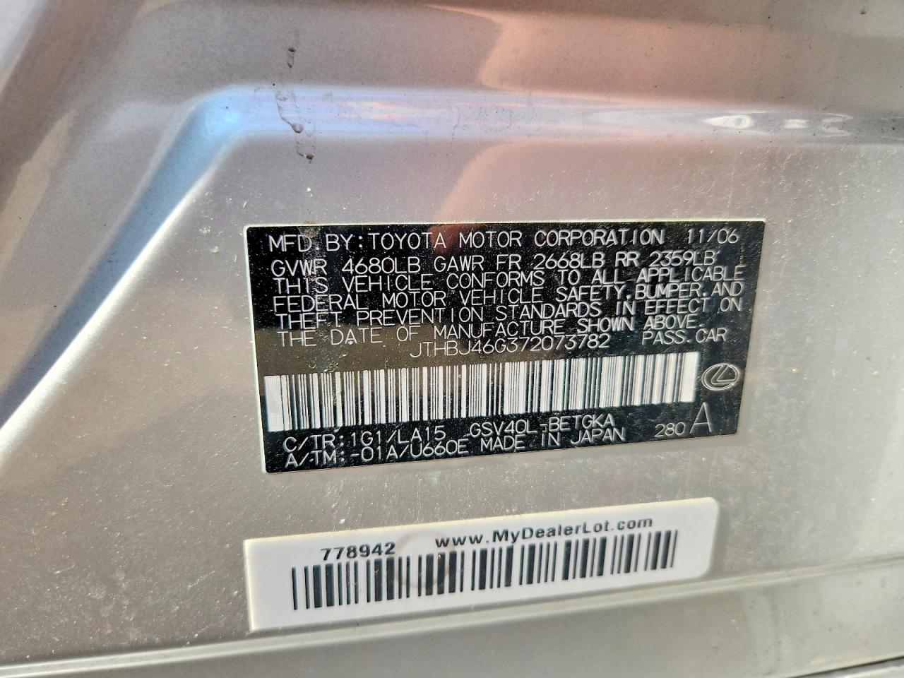2007 Lexus Es 350 Silver vin: JTHBJ46G372073782