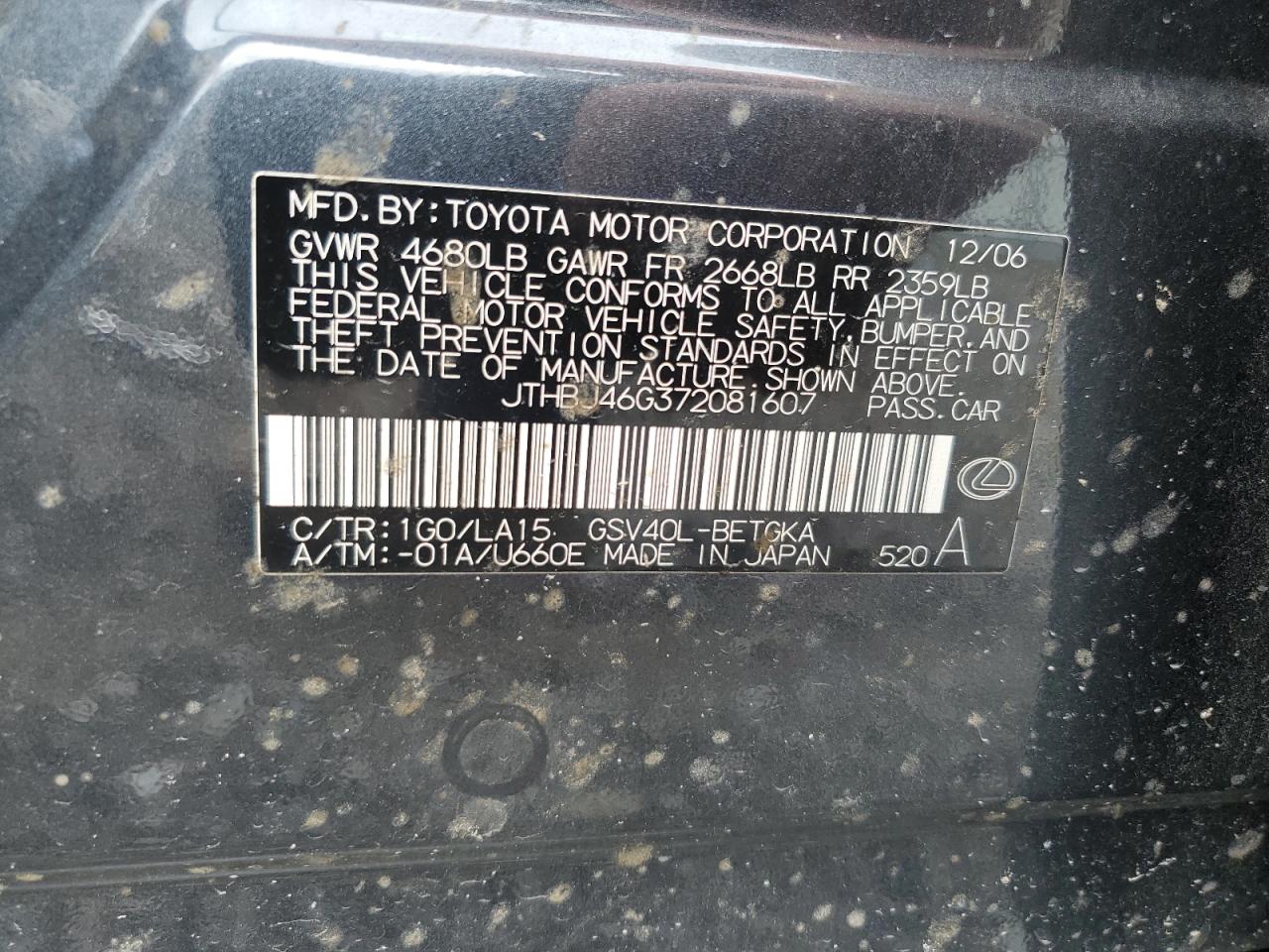 2007 Lexus Es 350 Black vin: JTHBJ46G372081607