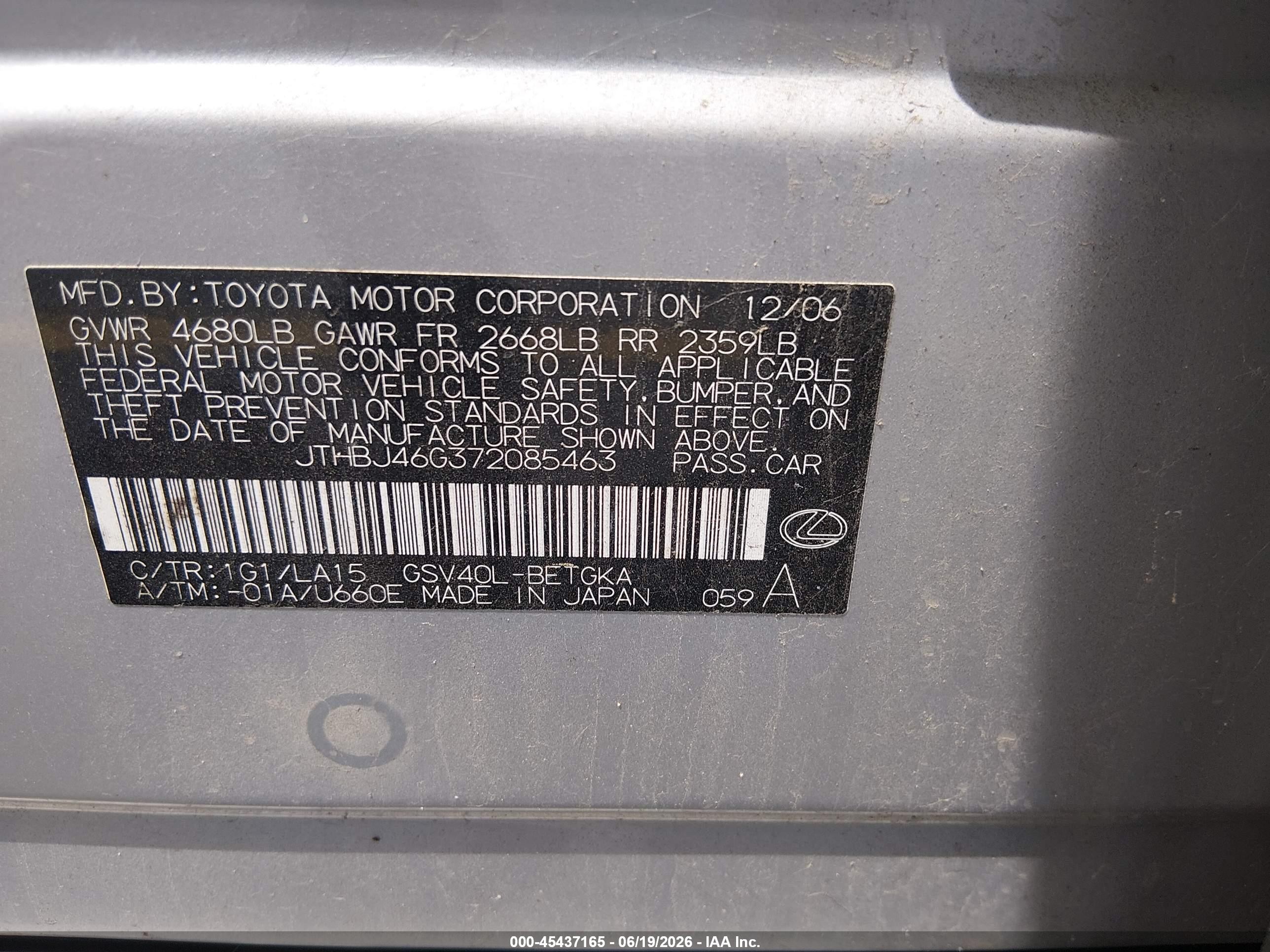 2007 Lexus Es 350 Silver vin: JTHBJ46G372085463