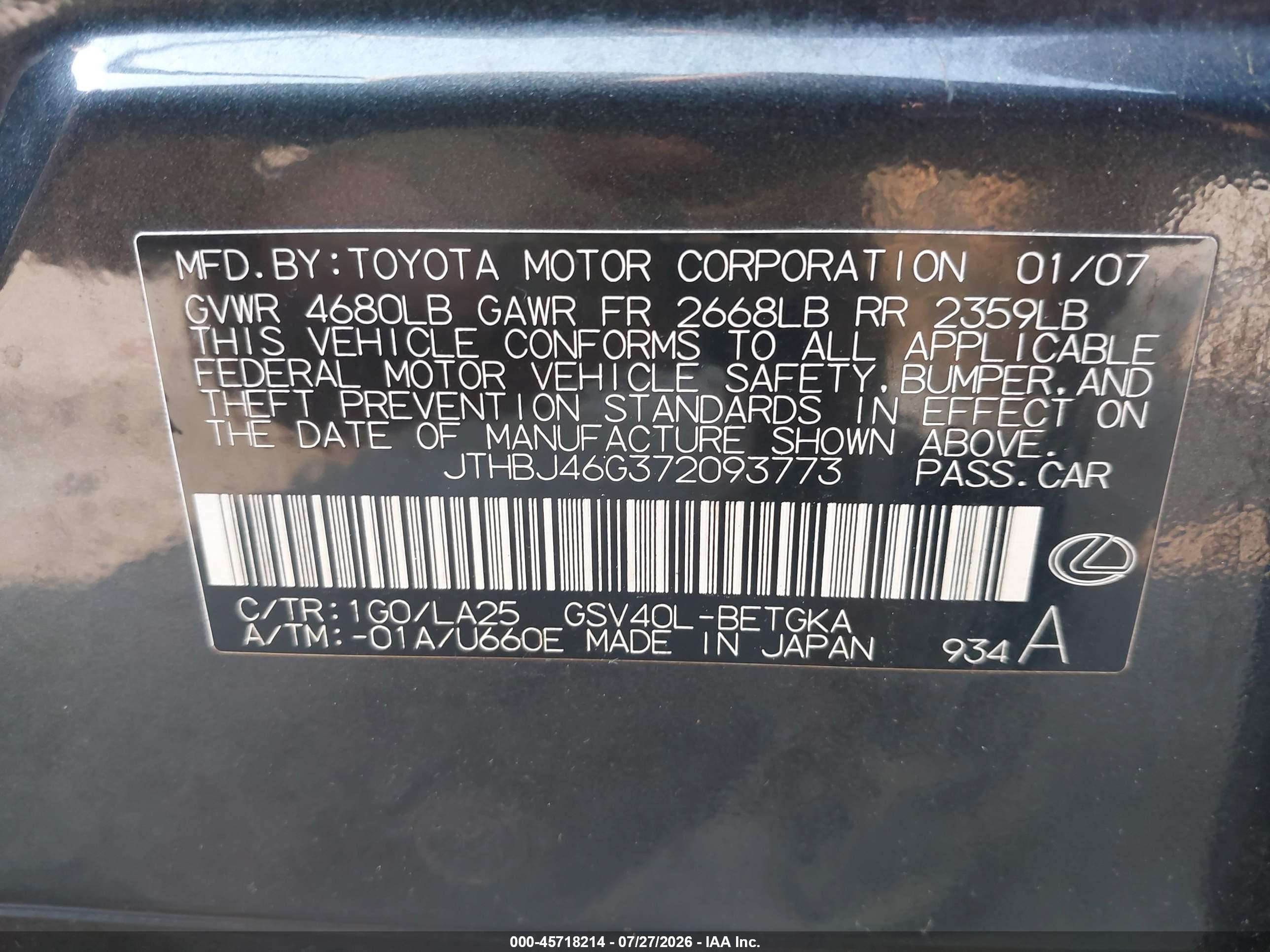2007 Lexus Es 350   Dark Blue vin: JTHBJ46G372093773