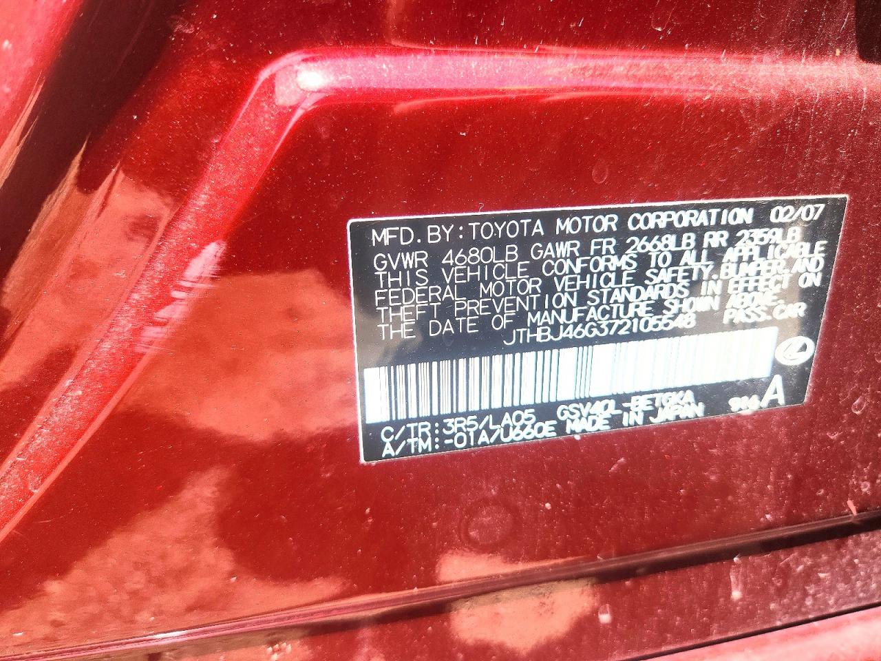 2007 Lexus Es 350 Бордовый vin: JTHBJ46G372105548
