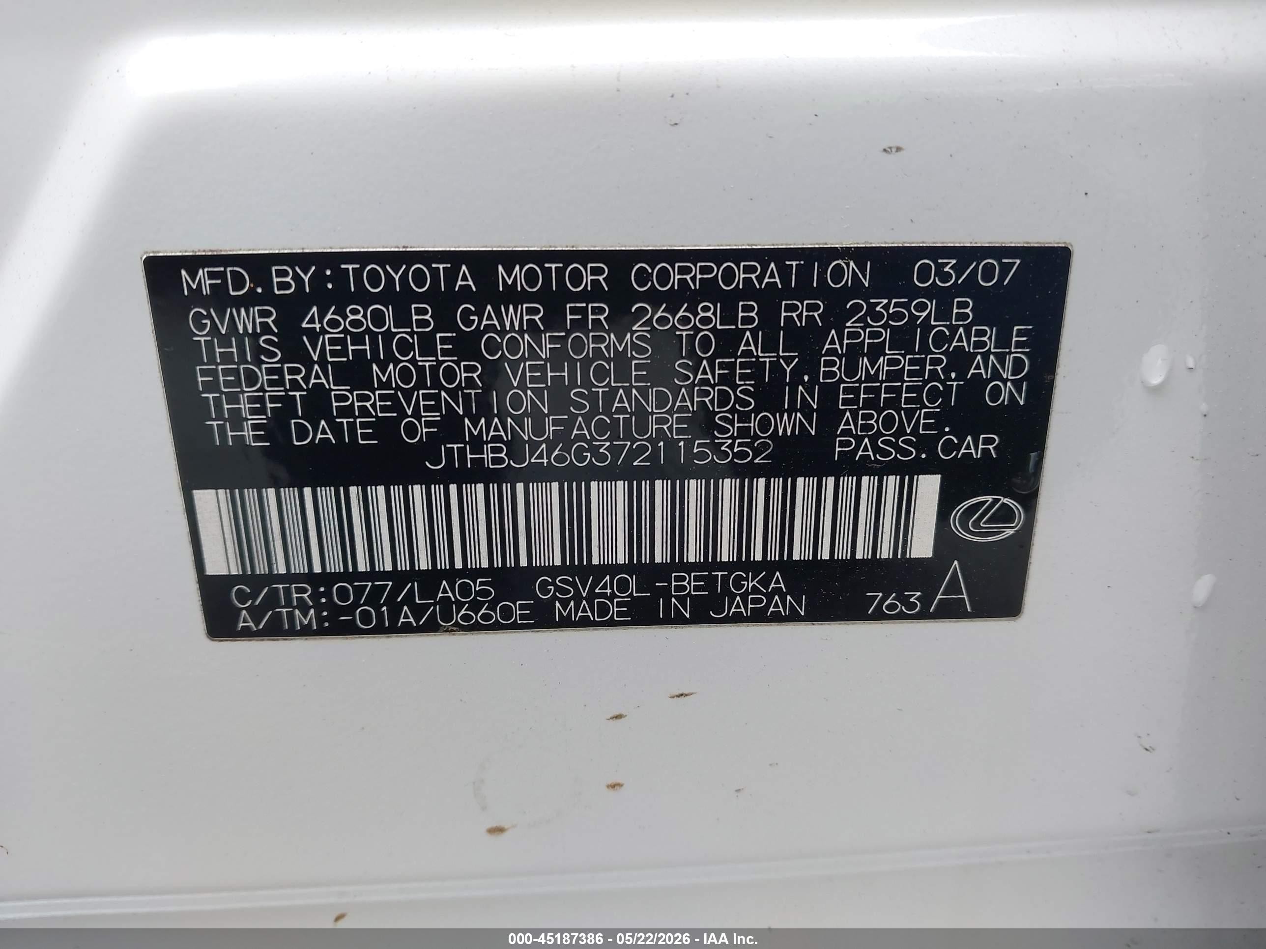 2007 Lexus Es 350   Белый vin: JTHBJ46G372115352