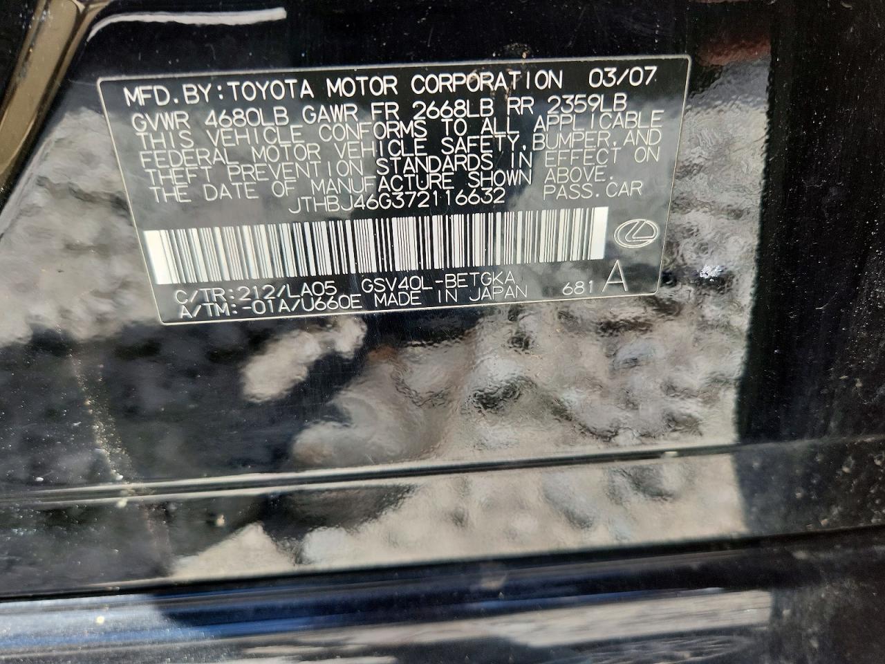 2007 Lexus Es 350 Black vin: JTHBJ46G372116632